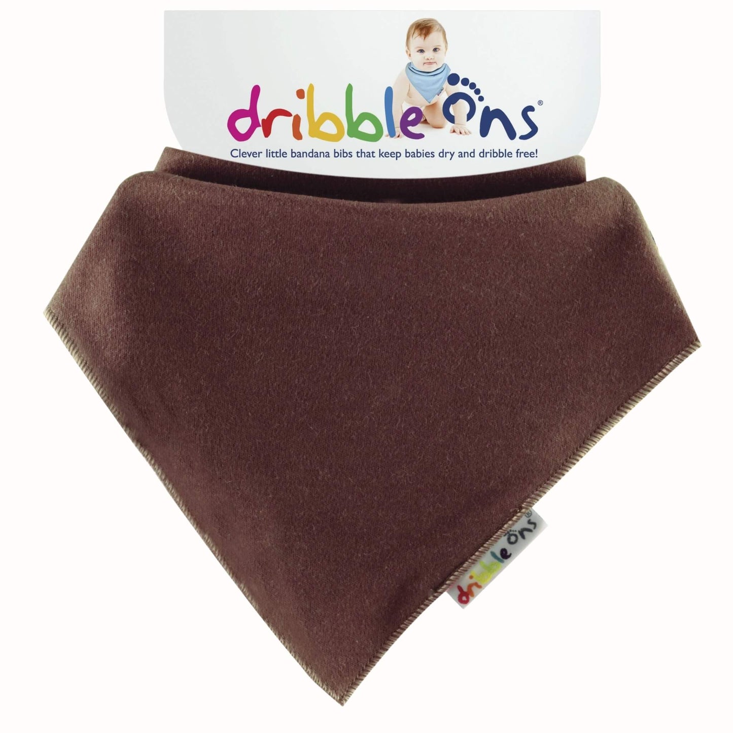 Brown bandana bib with soft jersey fabric and Dribble Ons tag attached to branded backing card.