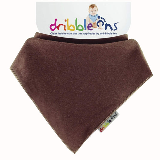 Brown bandana bib with soft jersey fabric and Dribble Ons tag attached to branded backing card.