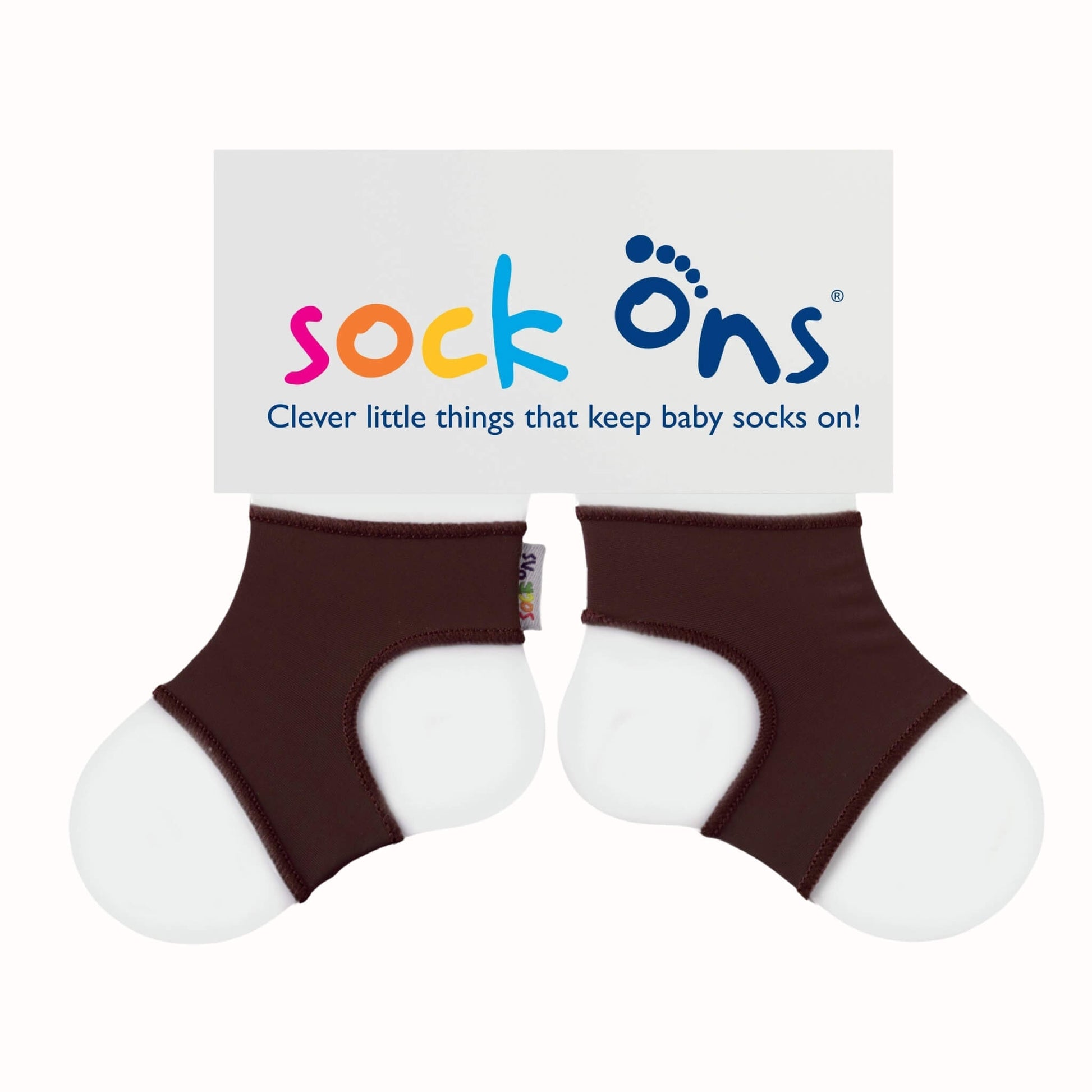 Pair of chocolate brown Sock Ons baby sock holders displayed on branded packaging card.