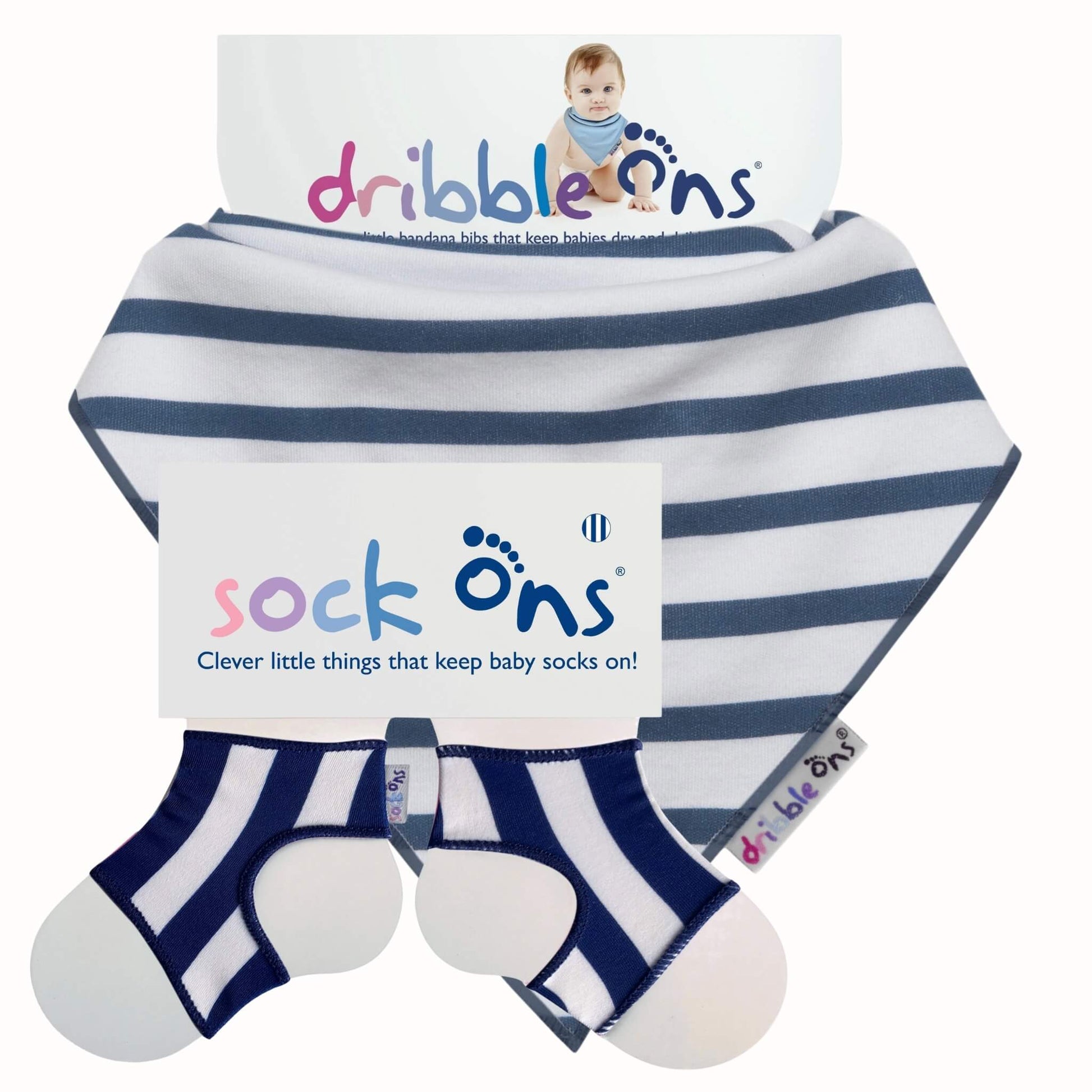 Dribble Ons and Sock Ons Bundle in Nautical Stripe with matching striped bandana bib and baby sock holders in blue and white stripes.