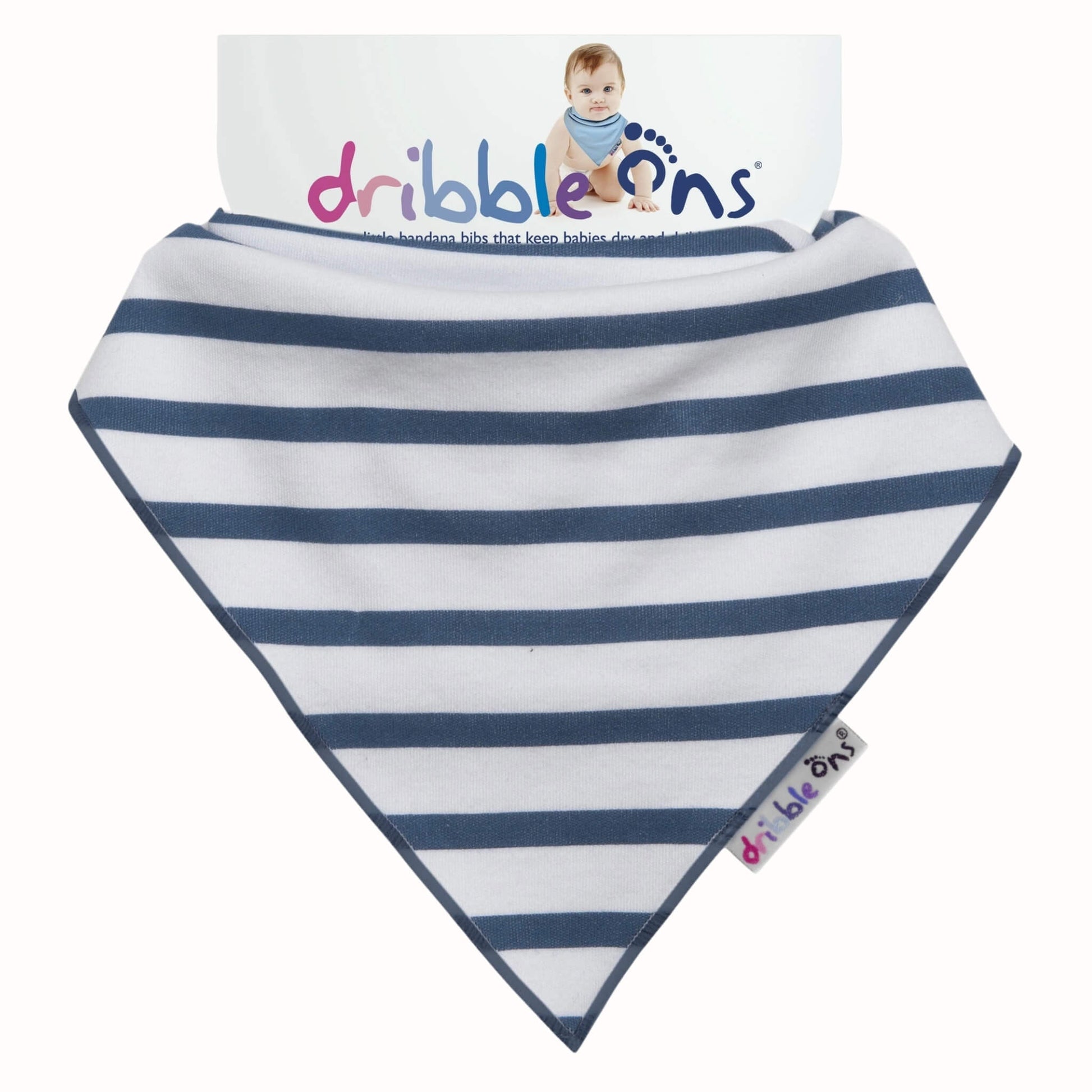 Blue and white striped bandana bib and Dribble Ons tag attached to branded backing card.
