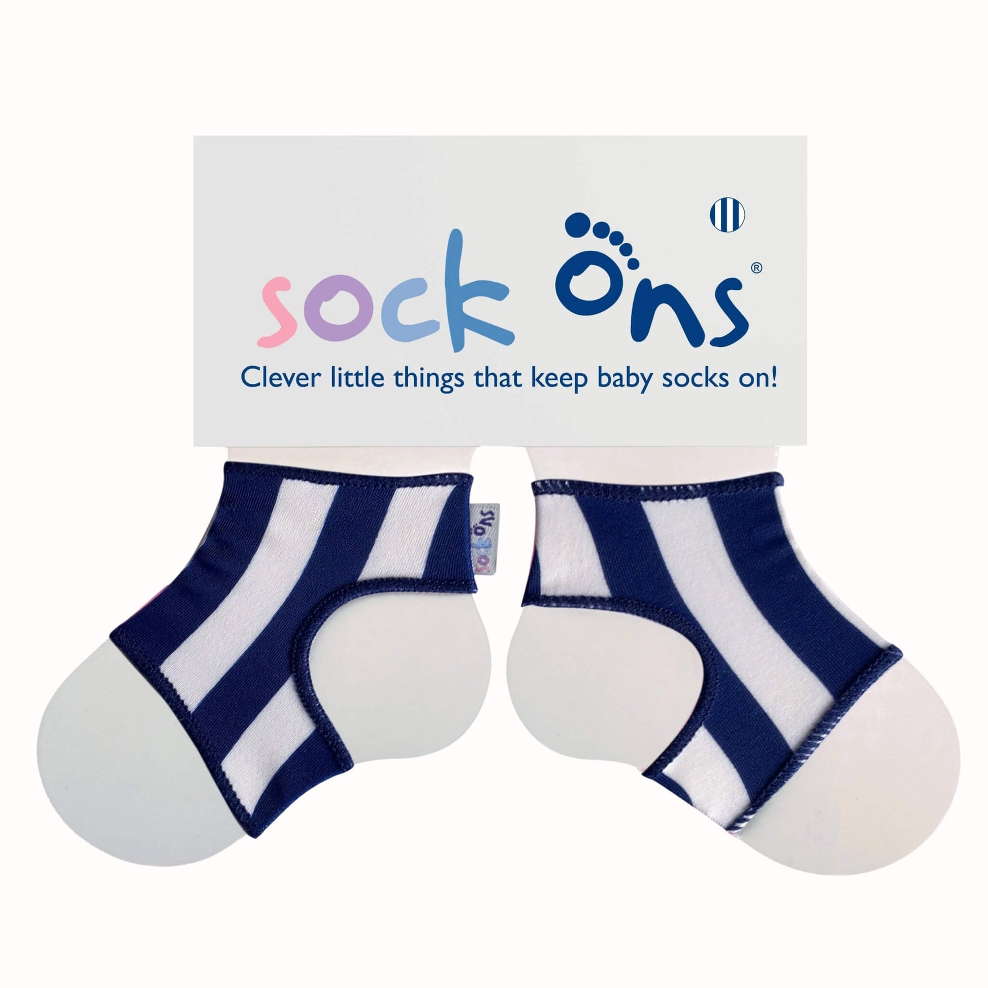 Pair of blue and white striped Sock Ons baby sock holders displayed on branded packaging card.