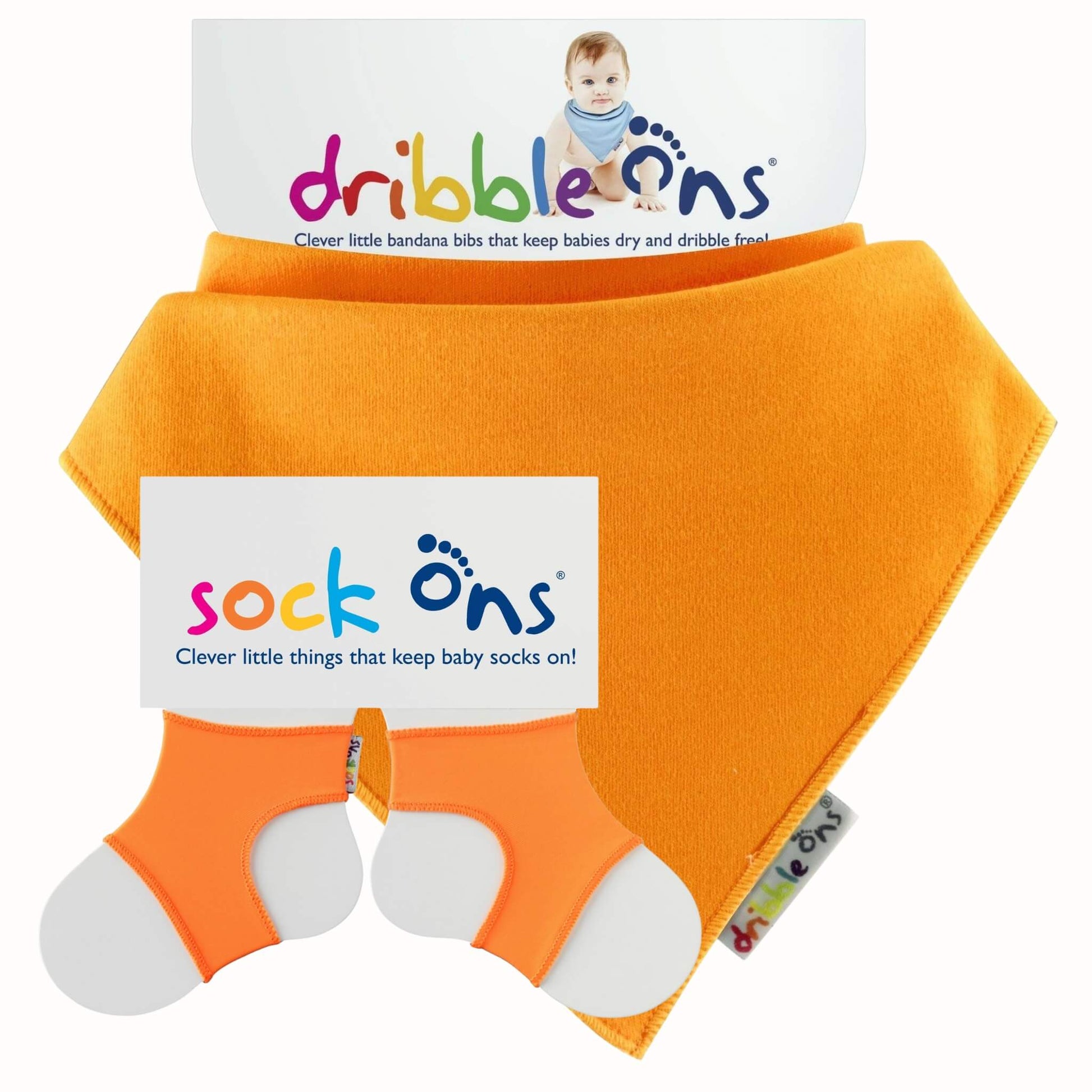 Dribble Ons and Sock Ons Bundle in Orange with matching bright orange bandana bib and baby sock holders.