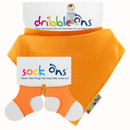 Dribble Ons and Sock Ons Bundle in Orange with matching bright orange bandana bib and baby sock holders.
