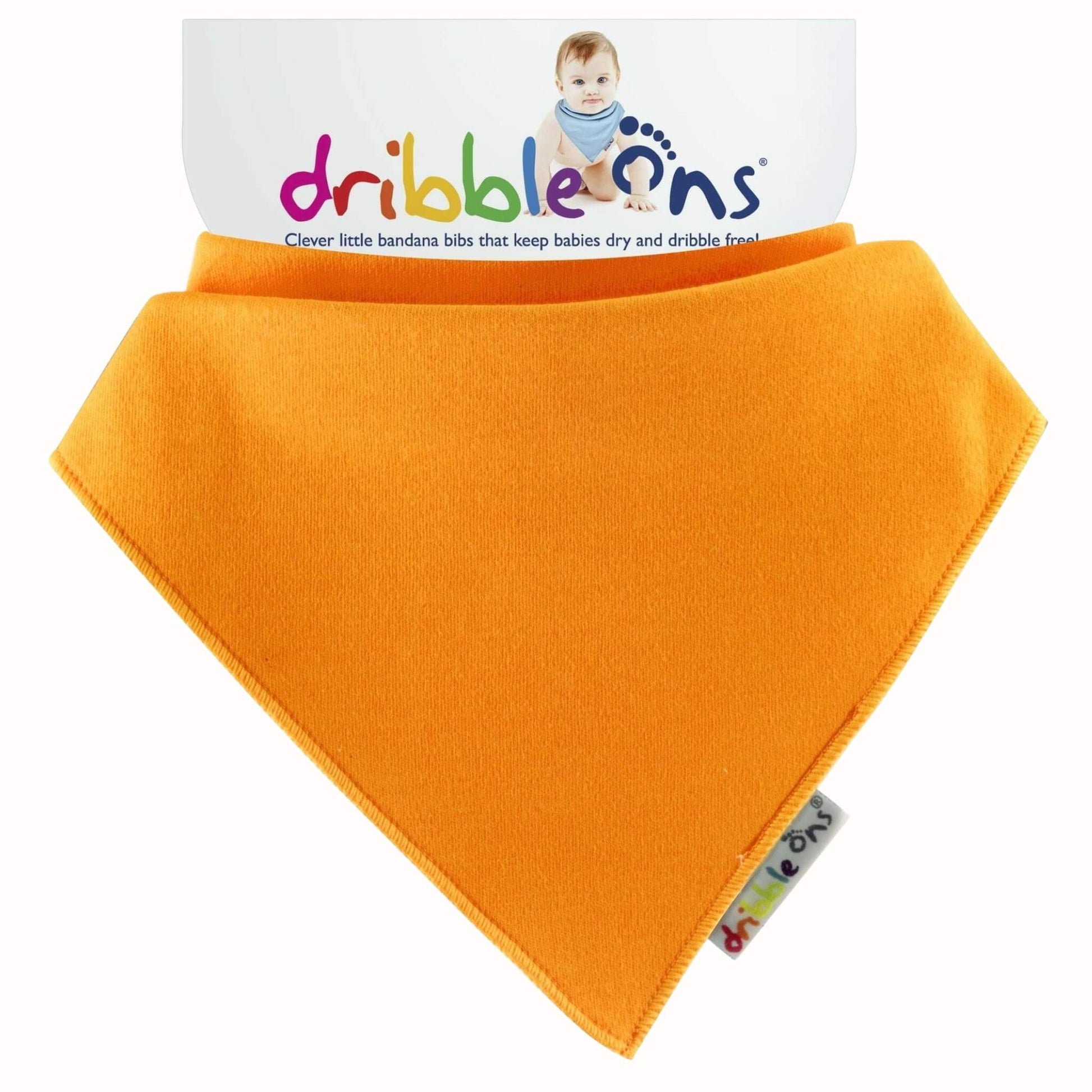 Bright orange bandana bib with soft jersey fabric and Dribble Ons tag attached to branded backing card.