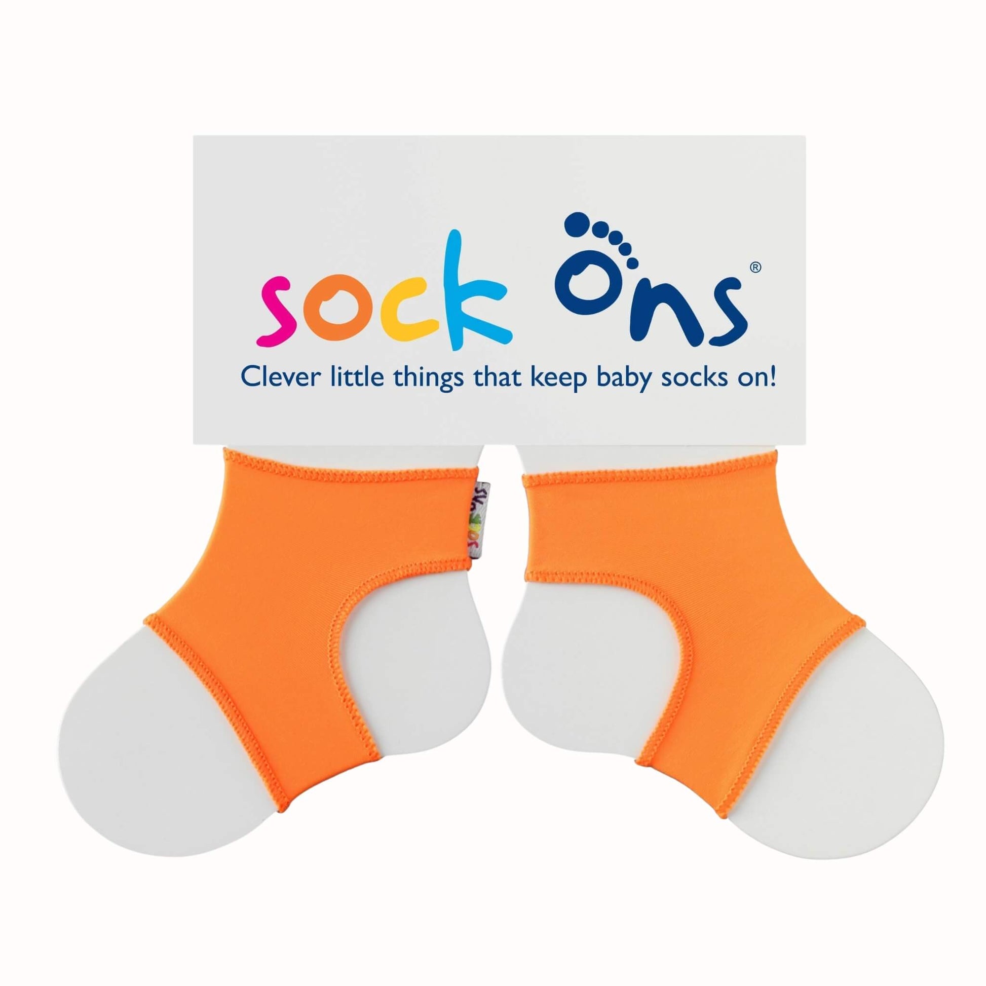 Pair of bright orange Sock Ons baby sock holders displayed on branded packaging card.