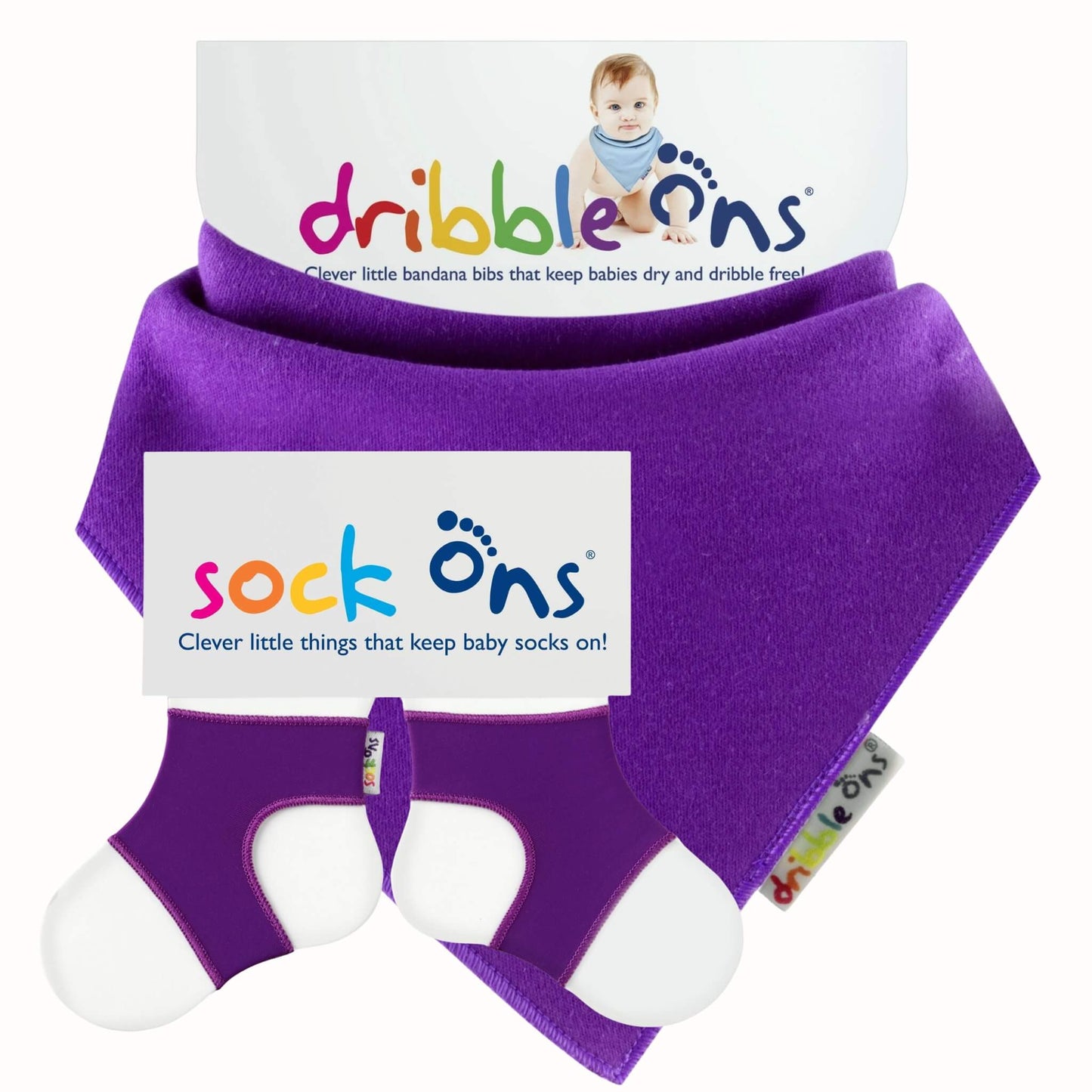 Dribble Ons and Sock Ons Bundle with matching purple bandana bib and baby sock holders.