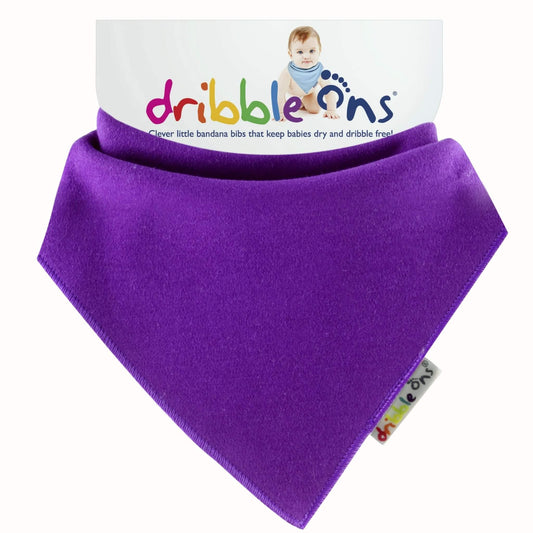 Purple bandana bib with soft jersey fabric and Dribble Ons tag attached to branded backing card.