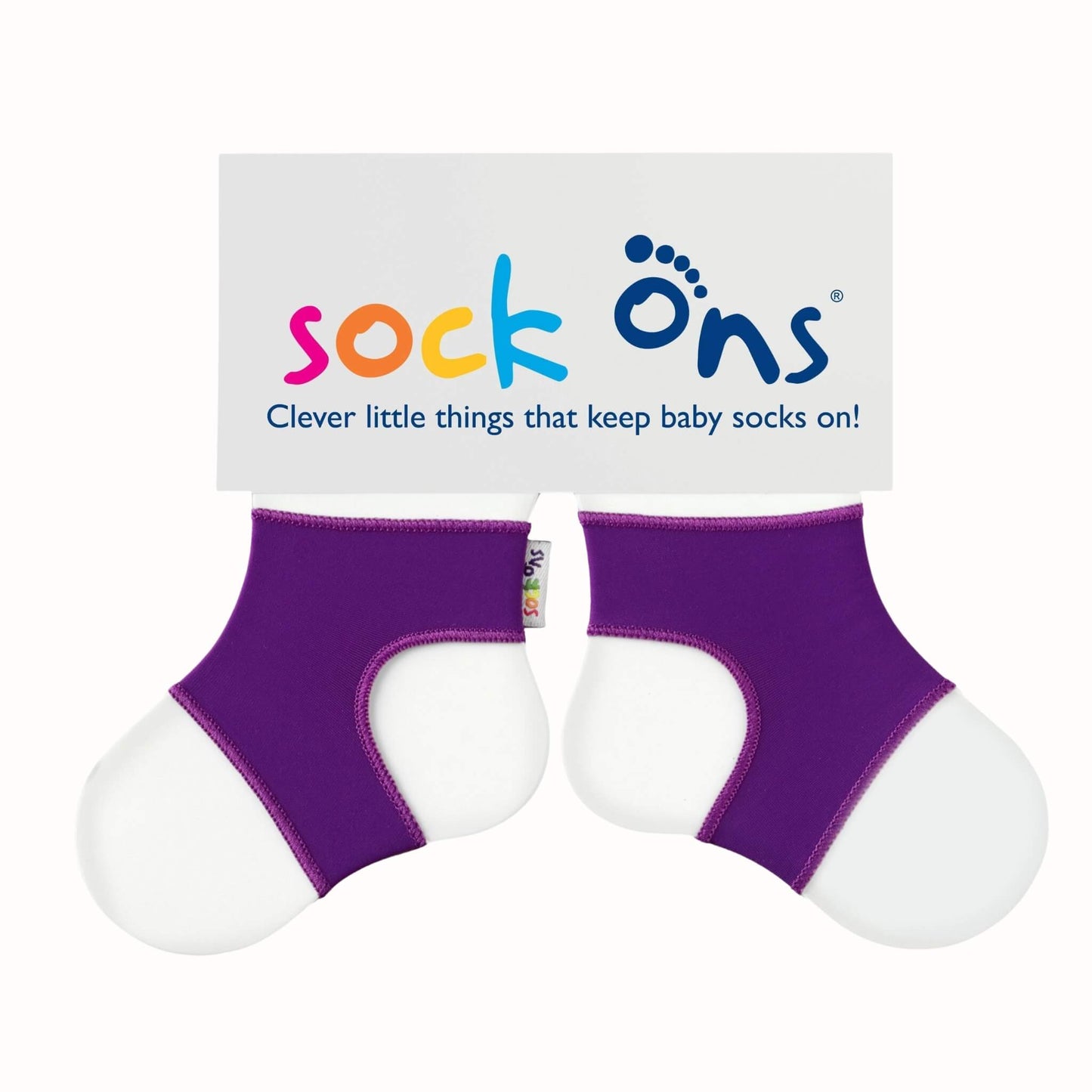 Pair of purple Sock Ons baby sock holders displayed on branded packaging card.