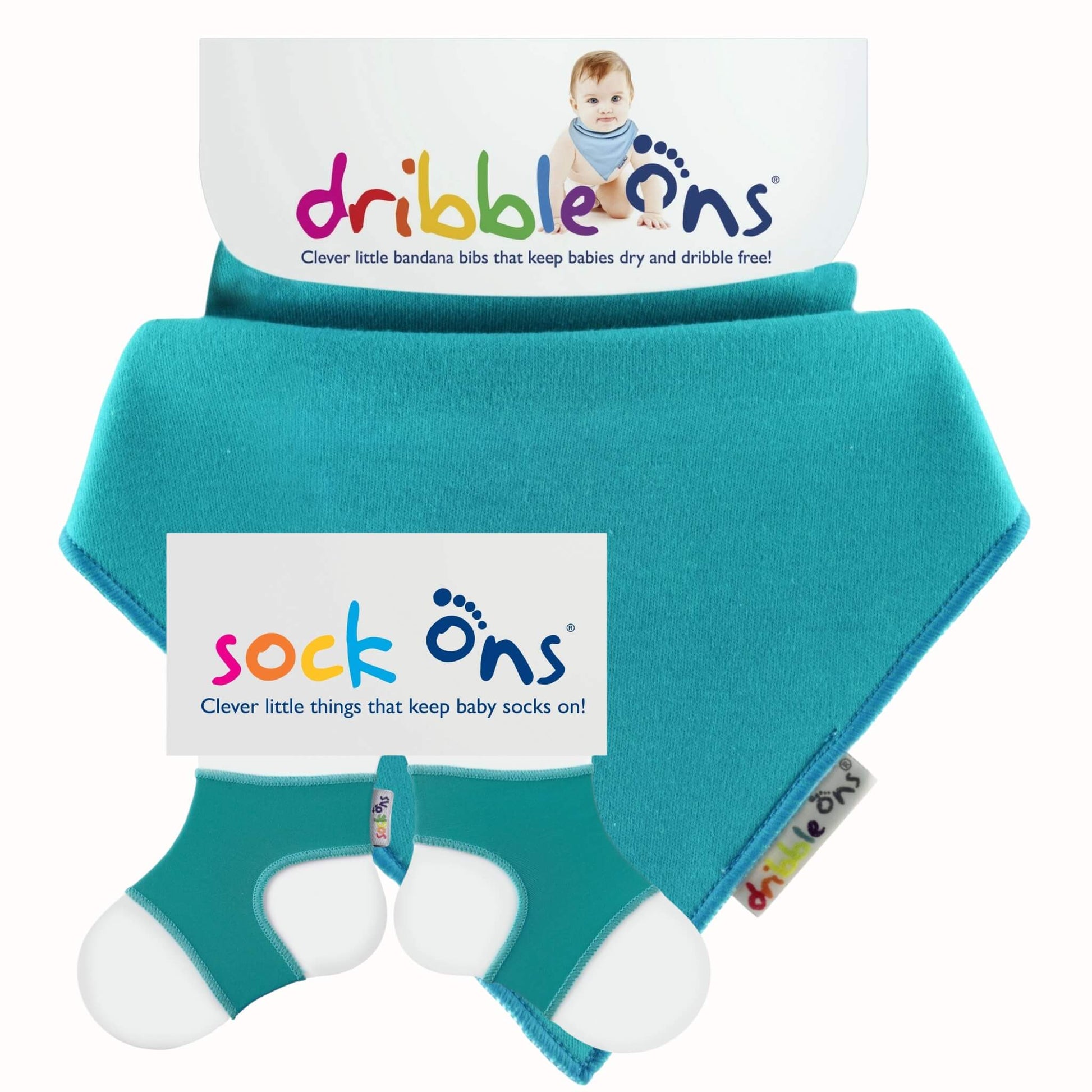 Dribble Ons and Sock Ons Bundle in Turquoise with matching bandana bib and baby sock holders.