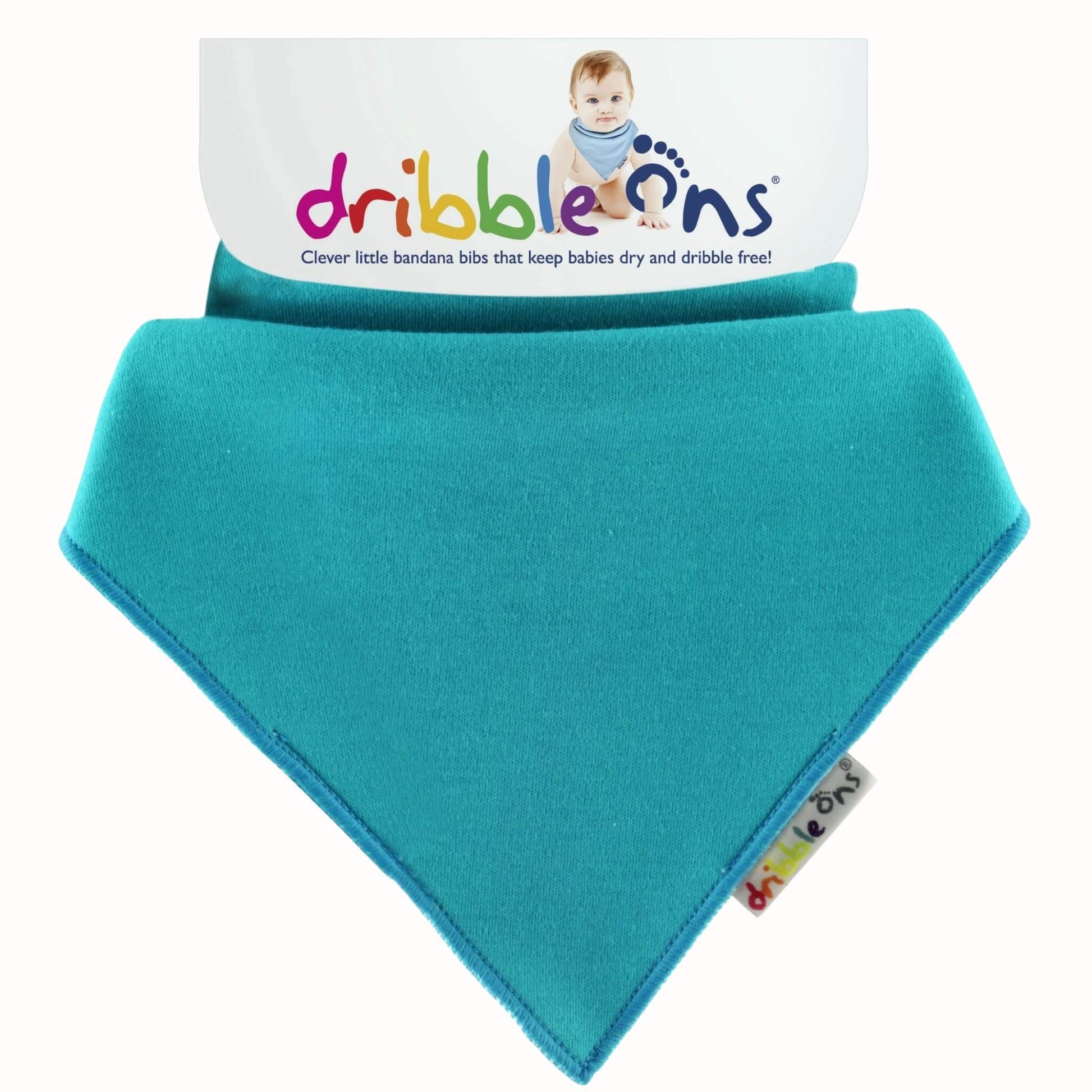 Turquoise bandana bib with soft jersey fabric and Dribble Ons tag attached to branded backing card.