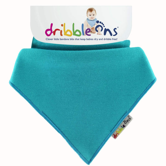 Turquoise bandana bib with soft jersey fabric and Dribble Ons tag attached to branded backing card.