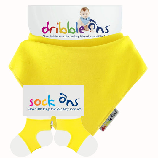 Dribble Ons and Sock Ons Bundle in Yellow with matching bright yellow bandana bib and baby sock holders.