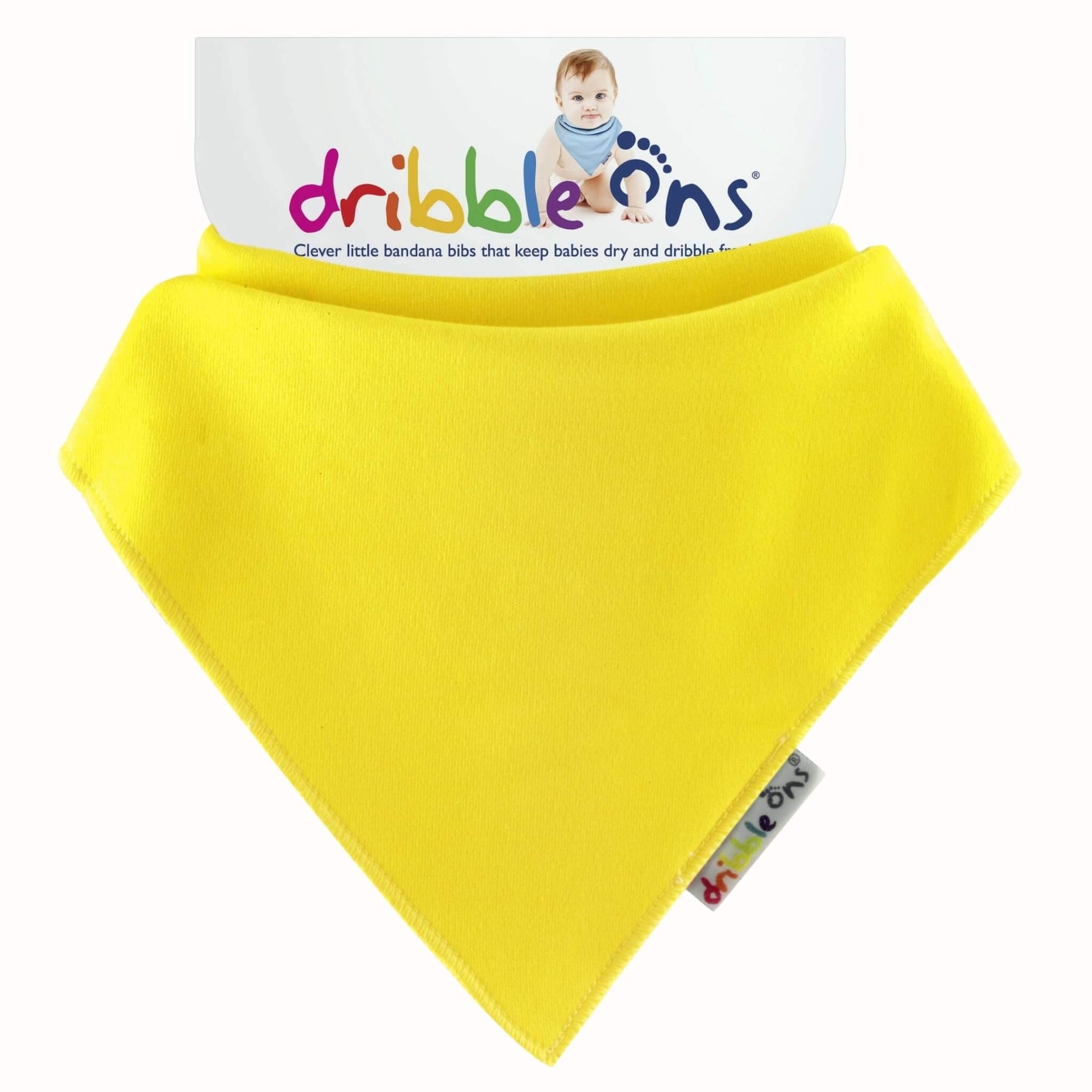 Bright yellow bandana bib with soft jersey fabric and Dribble Ons tag attached to branded backing card.