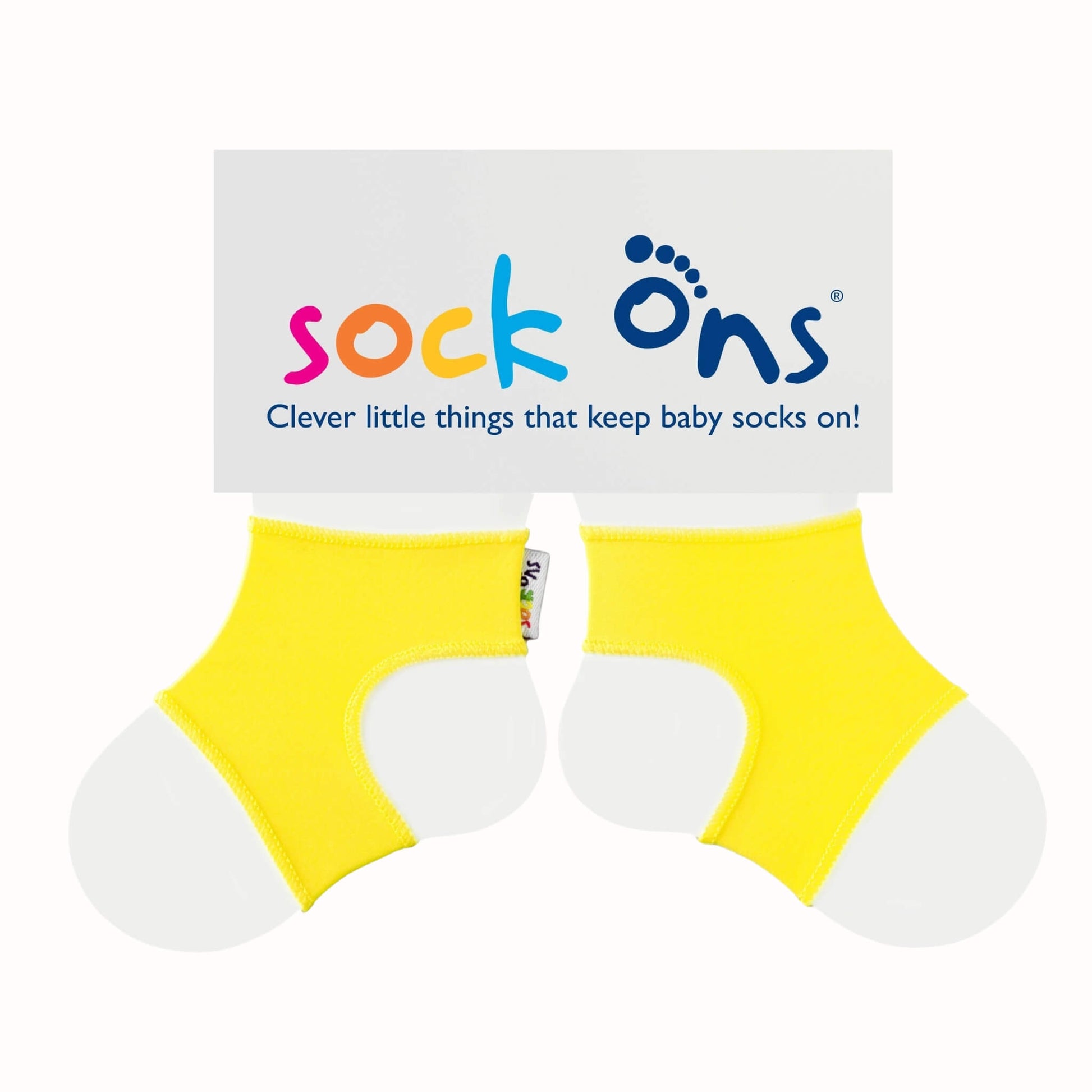Pair of bright yellow Sock Ons baby sock holders displayed on branded packaging card.