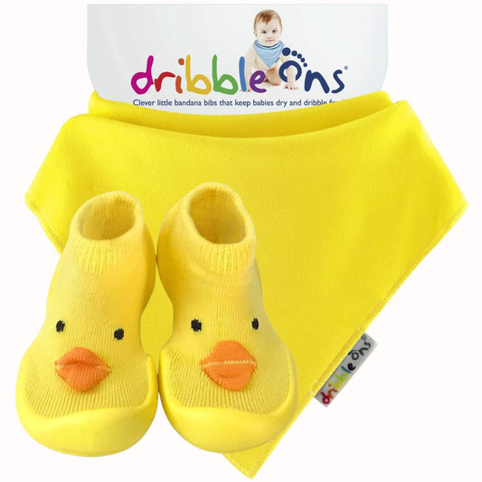 Matching yellow Dribble Ons bandana bib and duck Step Ons set with bright yellow fabric, soft finish and orange duck beaks on the front.