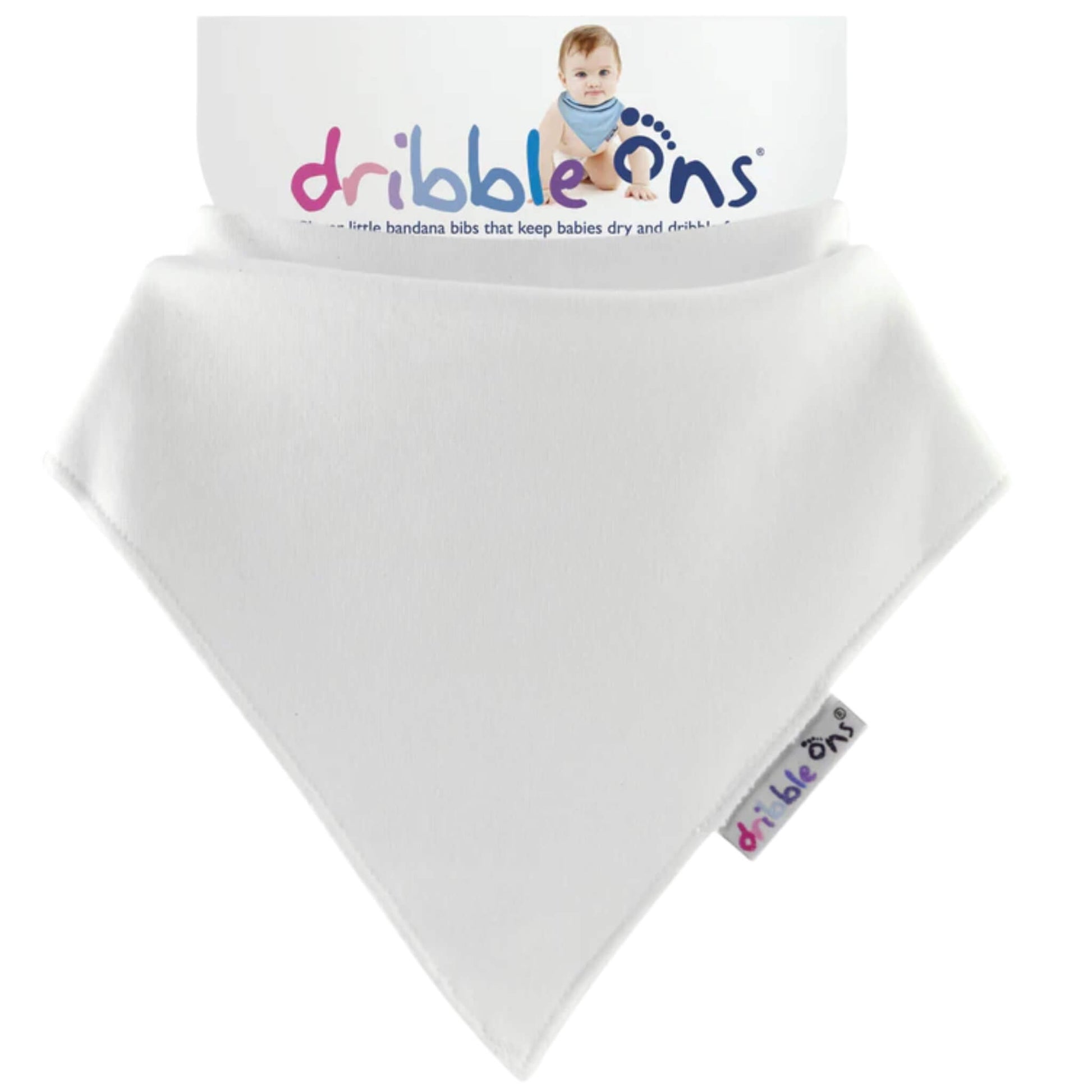 White baby bib with 'dribble ons' branding on a white background