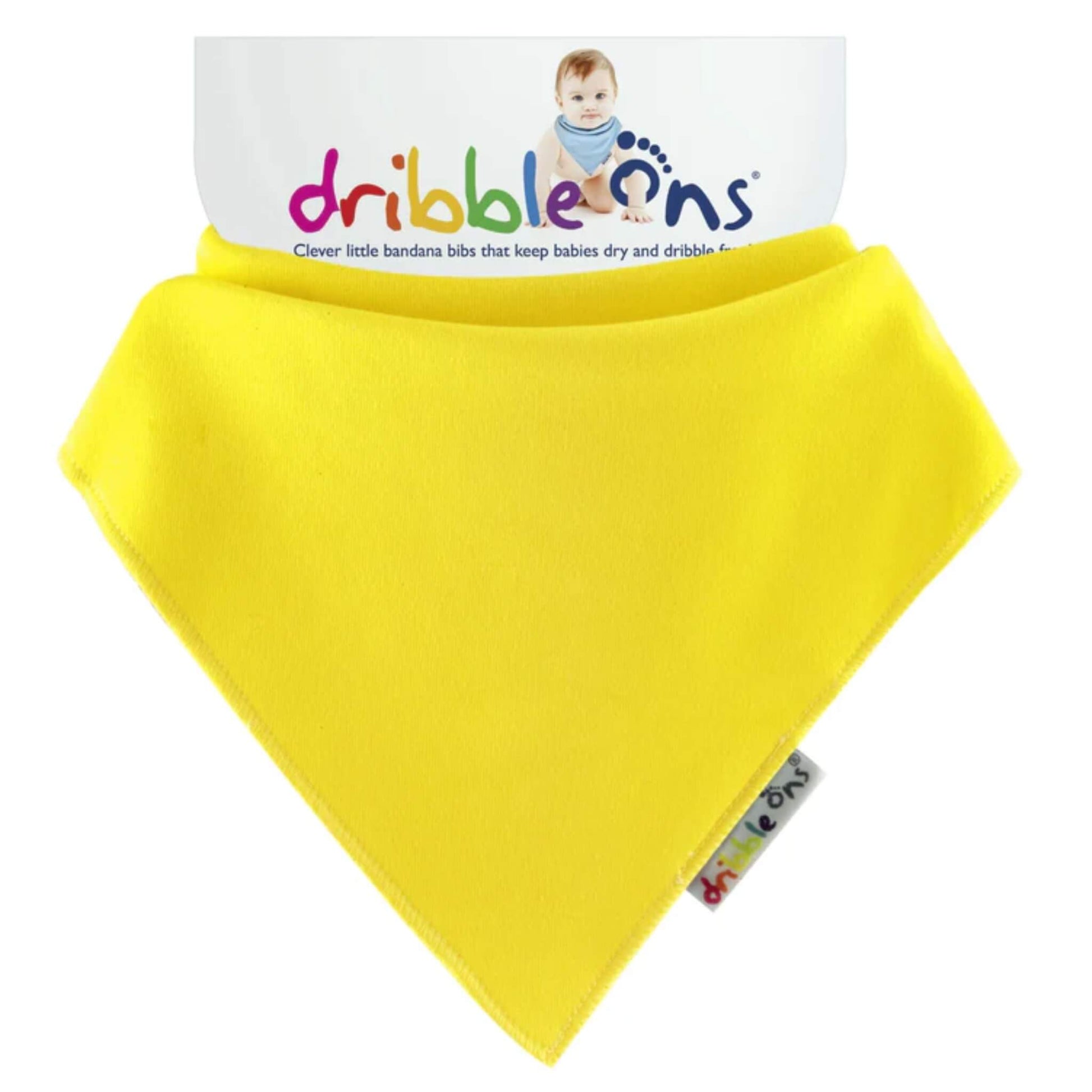 Yellow bandana bib with 'dribble ons' branding on a white background