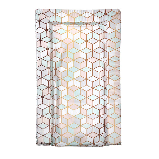 This changing mat features a modern geometric print in soft pink, mint and grey with lines printed to look like rose gold. The mat is softly padded for comfort, and is easy to wipe clean. Designed to fit most dressers.