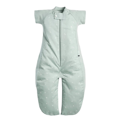 Short sleeved sage green toddler sleep suit bag with legs, displayed fully unzipped into sleep suit mode.