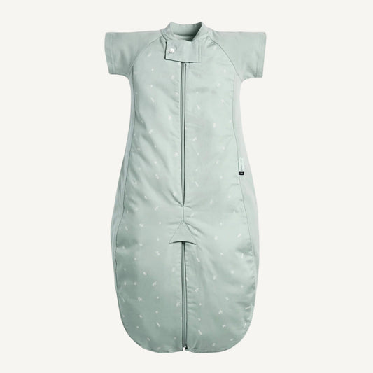 Short sleeved sage green toddler sleep suit bag with legs, displayed fully unzipped into sleep suit mode.