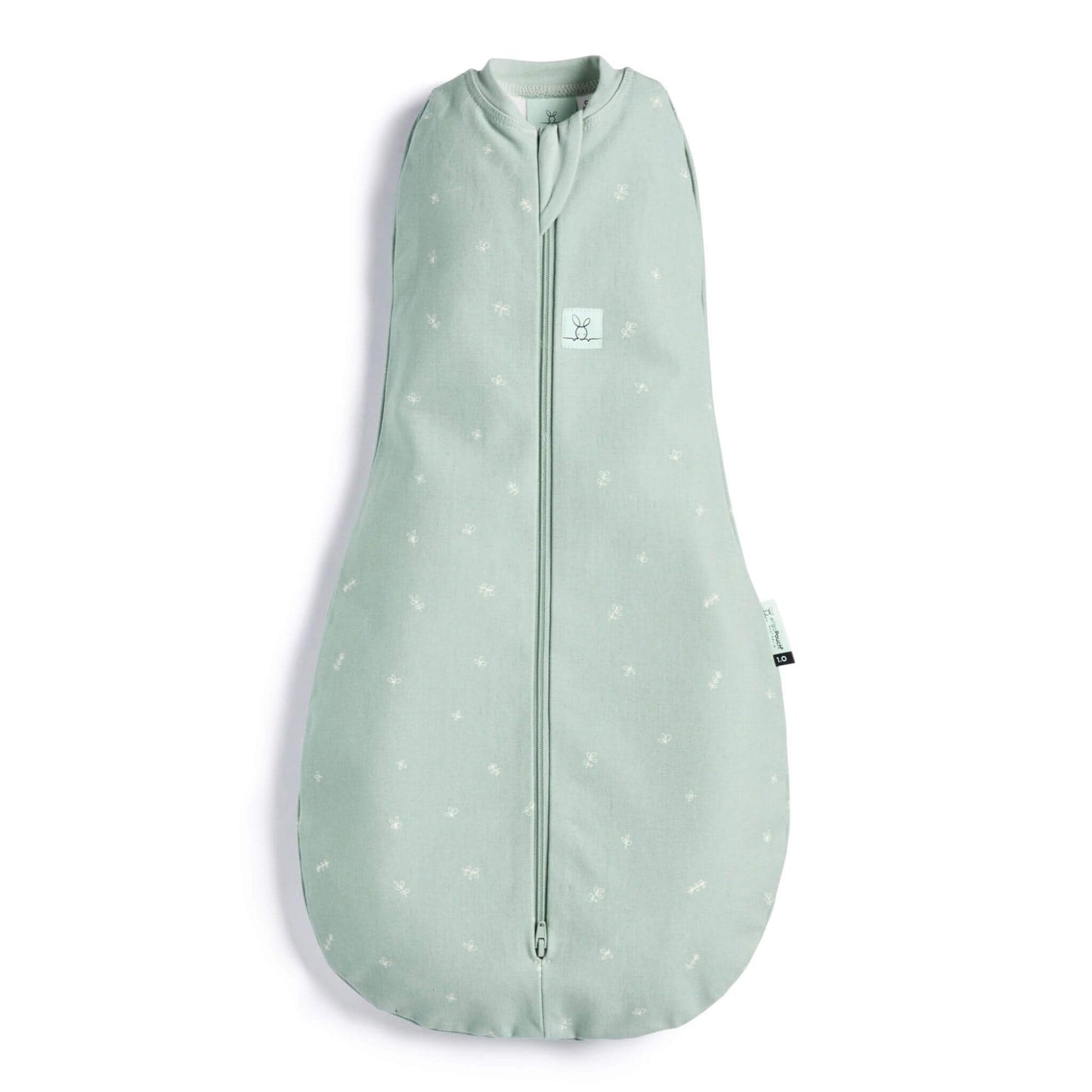 A soft green ErgoPouch Cocoon Swaddle Bag with a subtle white print, featuring a snug bell-shaped design and a secure zip-up front.