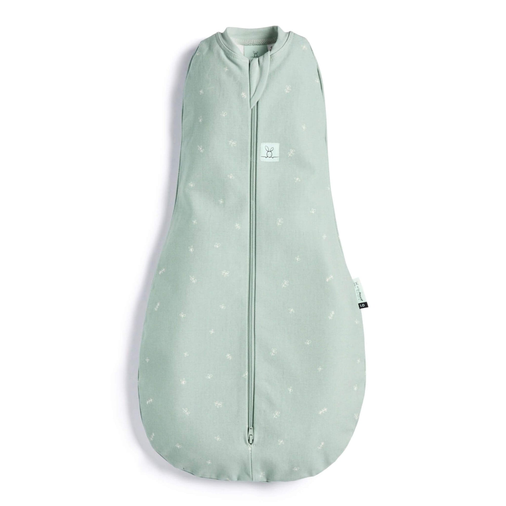 A soft green ErgoPouch Cocoon Swaddle Bag with a subtle white print, featuring a snug bell-shaped design and a secure zip-up front.