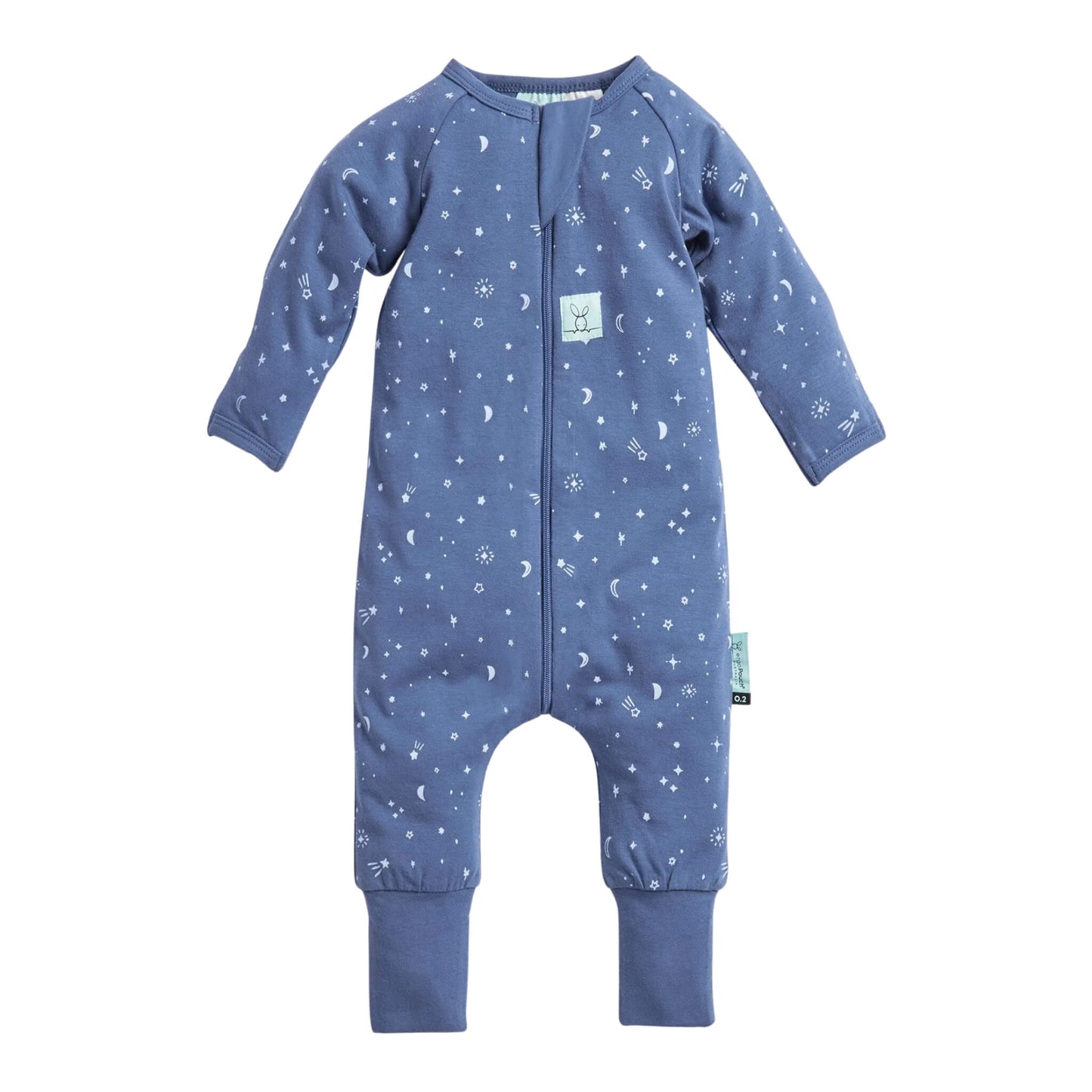 ergoPouch Long Sleeve Layer Babygrow in Night Sky print, blue with moon and star pattern, shown flat with zip closure and long sleeves.