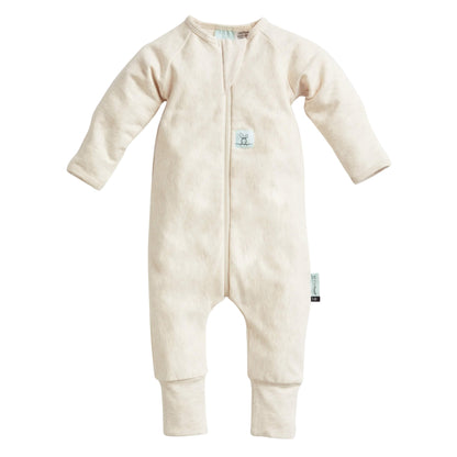 ergoPouch Long Sleeve Layer Babygrow in oatmeal, shown flat with full-length zip, long sleeves, and fold-over cuffs, designed for sleep or layering.
