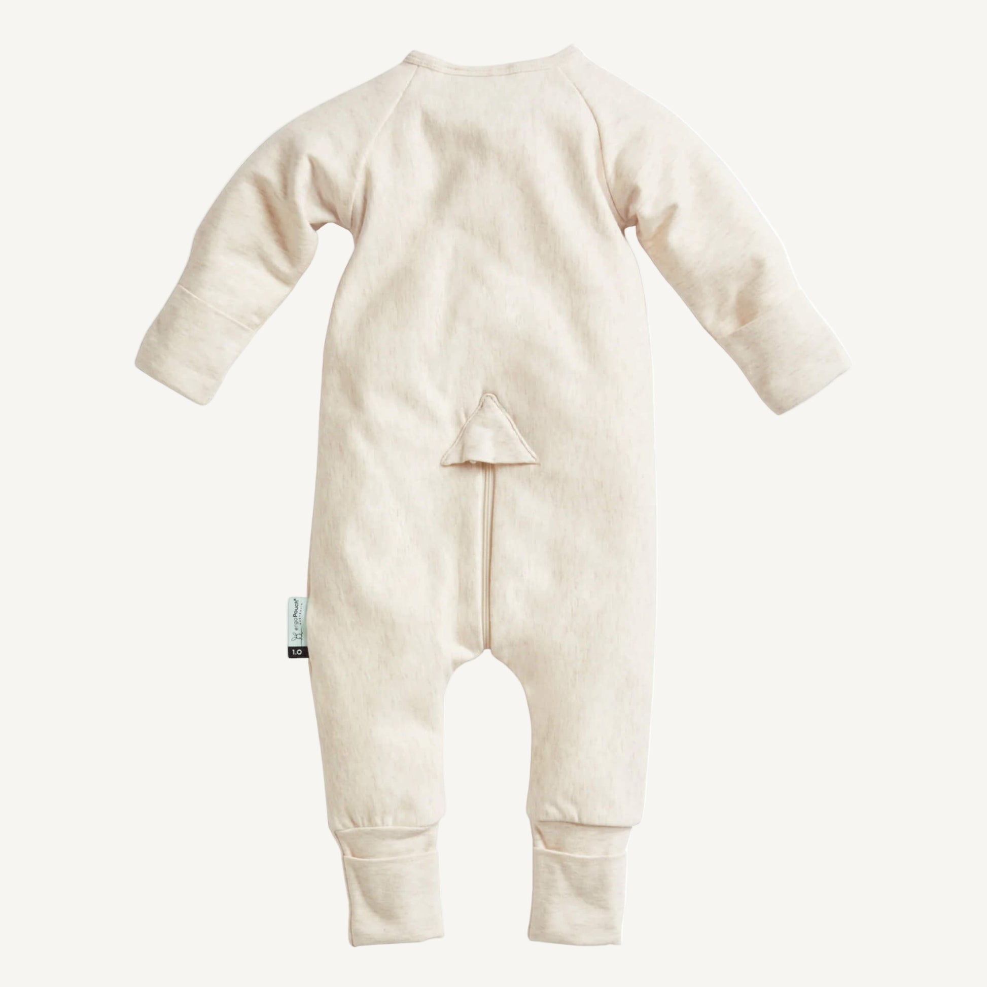 Back view of a soft oatmeal cotton babygrow with long sleeves, fold-over cuffs, and concealed zip for easy nappy changes