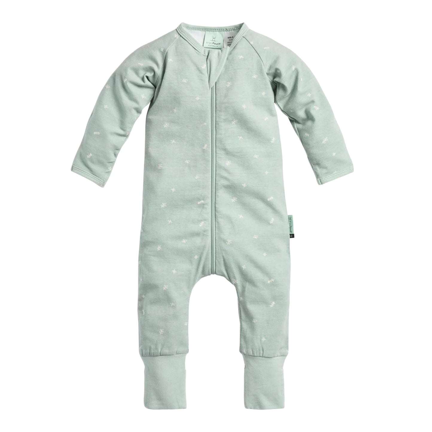ergoPouch Long Sleeve Layer Babygrow in Sage green with subtle white leaf print, shown flat with long sleeves, zip front and fold-over cuffs.