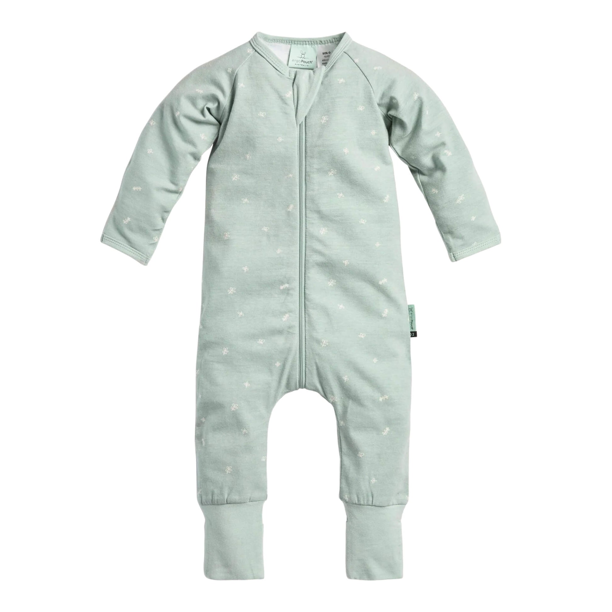 ergoPouch Long Sleeve Layer Babygrow in Sage green with subtle white leaf print, shown flat with long sleeves, zip front and fold-over cuffs.