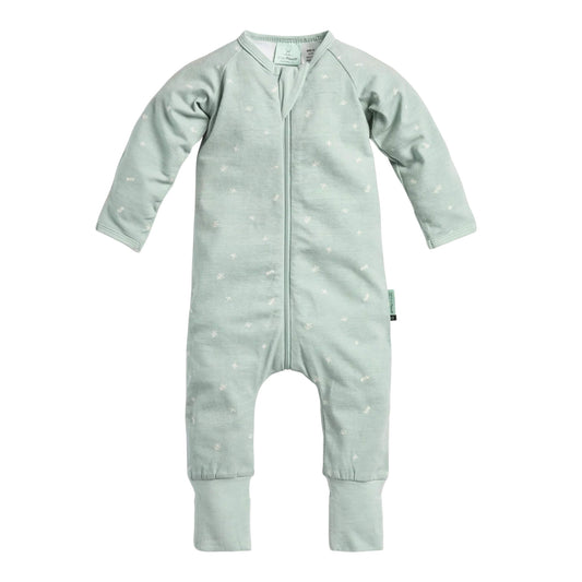ergoPouch Long Sleeve Layer Babygrow in Sage green with subtle white leaf print, shown flat with long sleeves, zip front and fold-over cuffs.