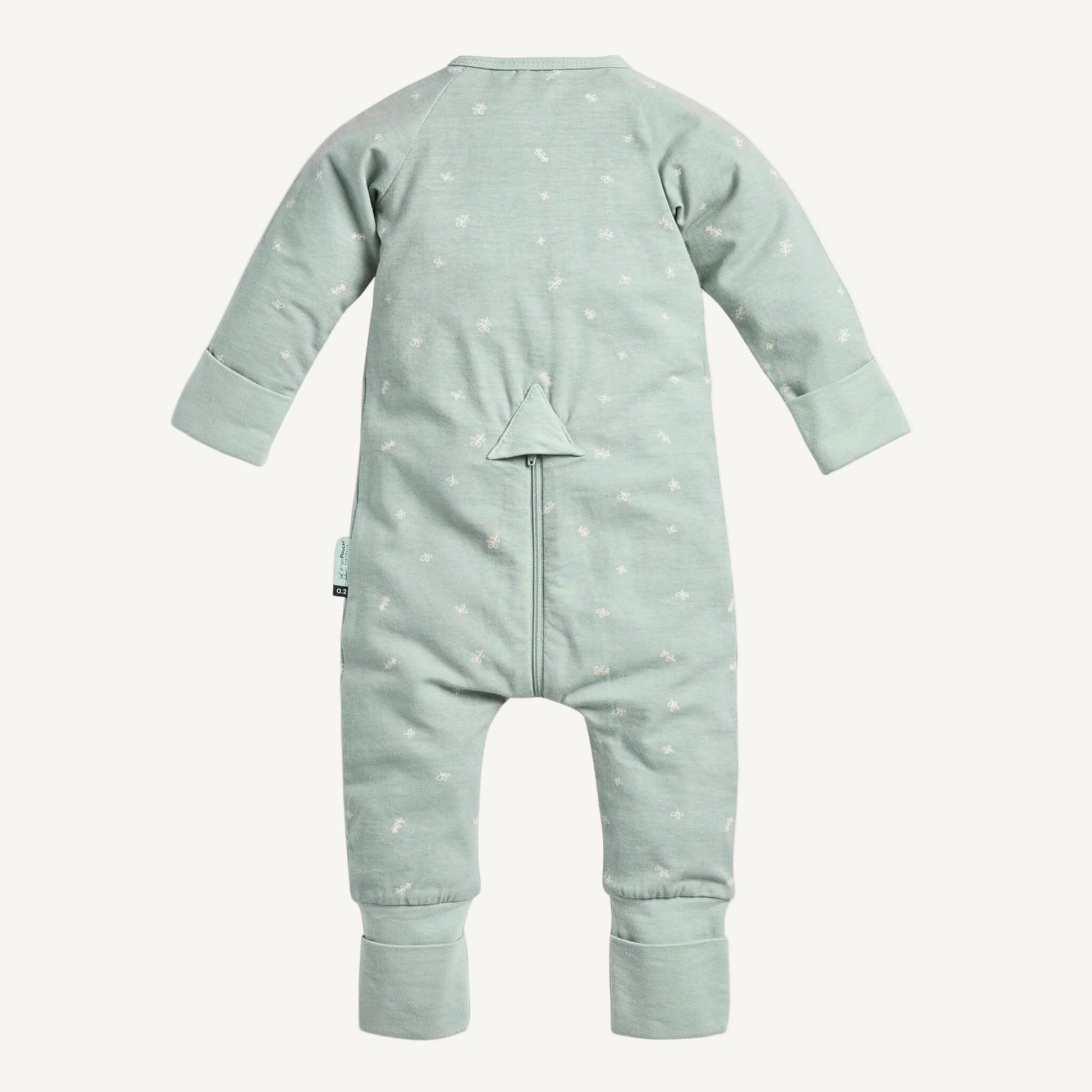 Back view of Sage green cotton babygrow with all-over white leaf print, fold-over cuffs and concealed zip detail.