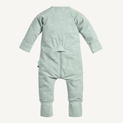 Back view of Sage green cotton babygrow with all-over white leaf print, fold-over cuffs and concealed zip detail.