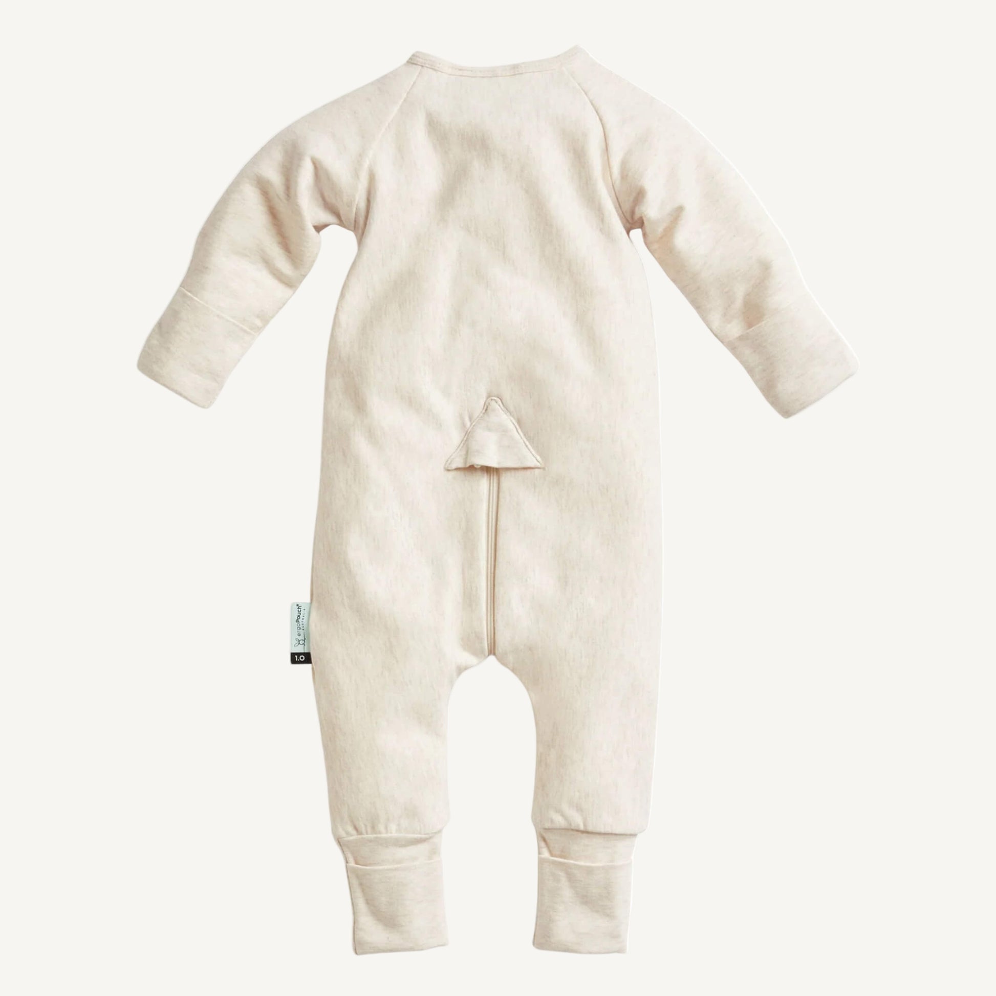 Back view of oatmeal cotton babygrow with slim fit design, fold-over cuffs and concealed zip detail.
