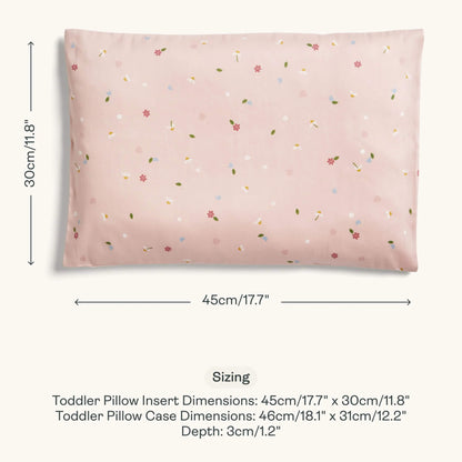 Sizing guide image showing a toddler pillow with measurements of 45cm x 30cm and case dimensions alongside depth details.
