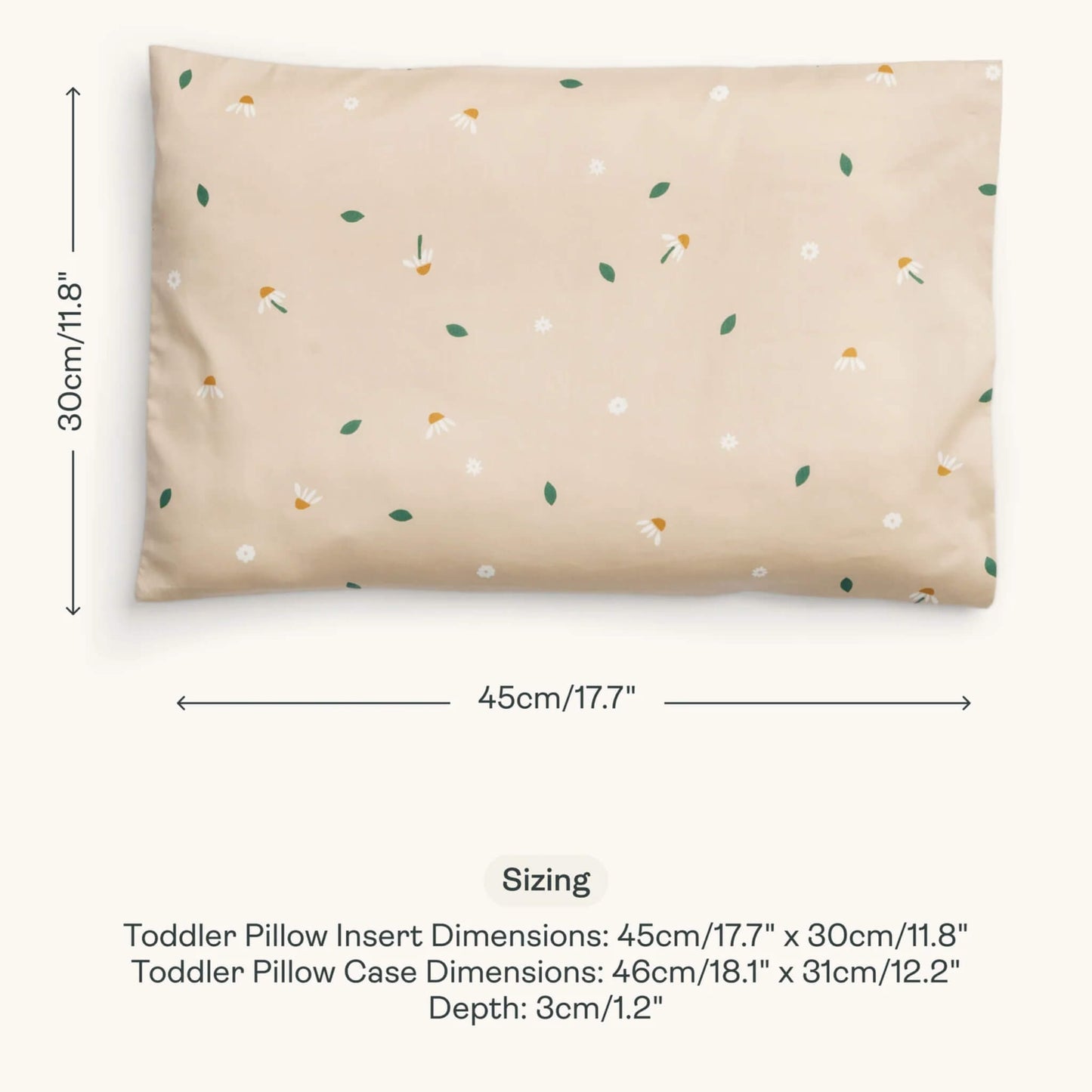 Sizing guide image of a toddler pillow in Daisy Sprinkle design with dimensions of 45cm x 30cm and case measurements shown alongside depth.
