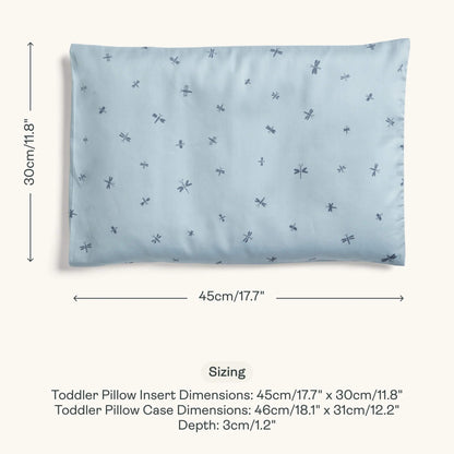 Sizing guide image of a toddler pillow in Dragonflies design with dimensions of 45cm x 30cm and case measurements shown alongside depth.