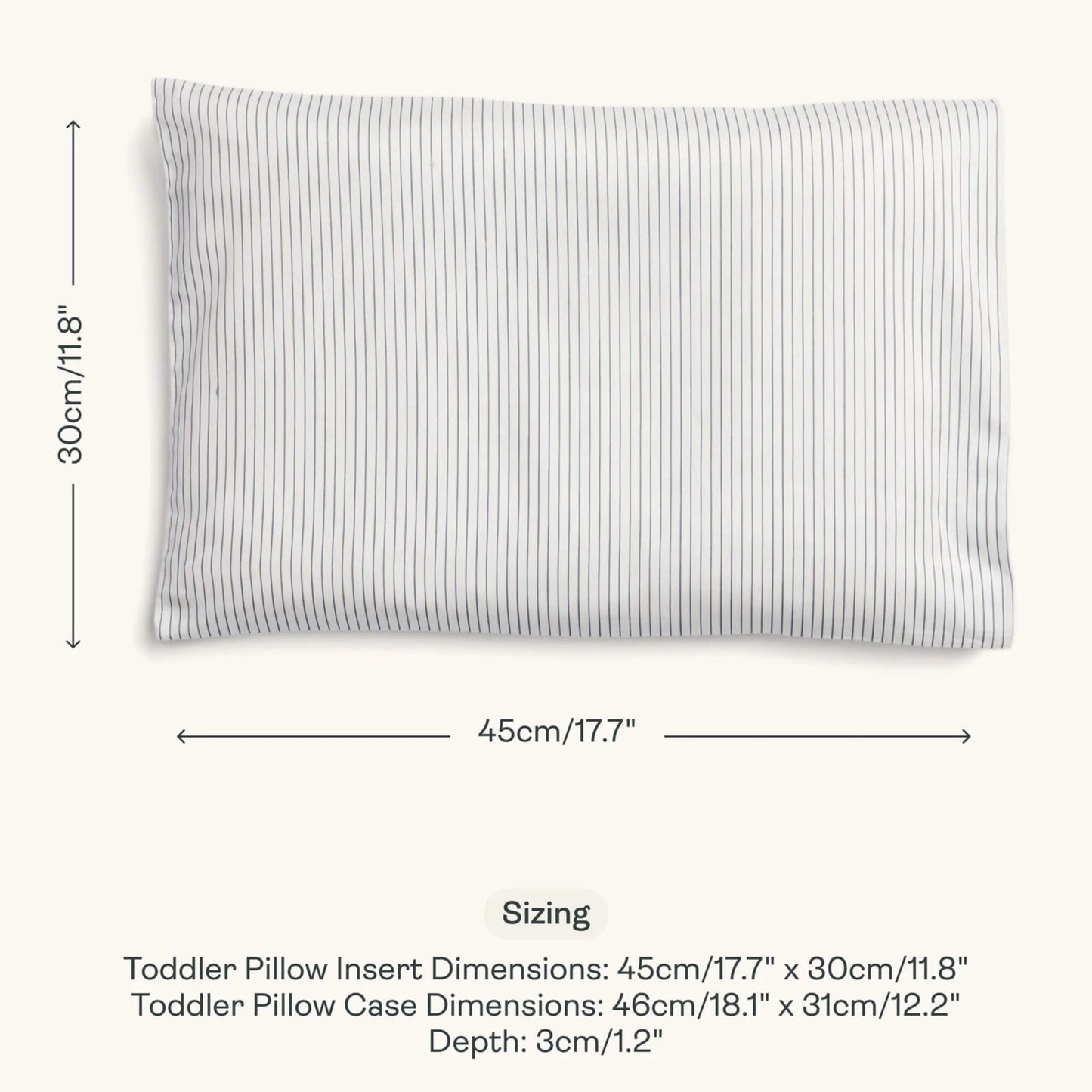 Sizing guide image of a toddler pillow in Midnight Stripe design with dimensions of 45cm x 30cm and case measurements shown alongside depth.