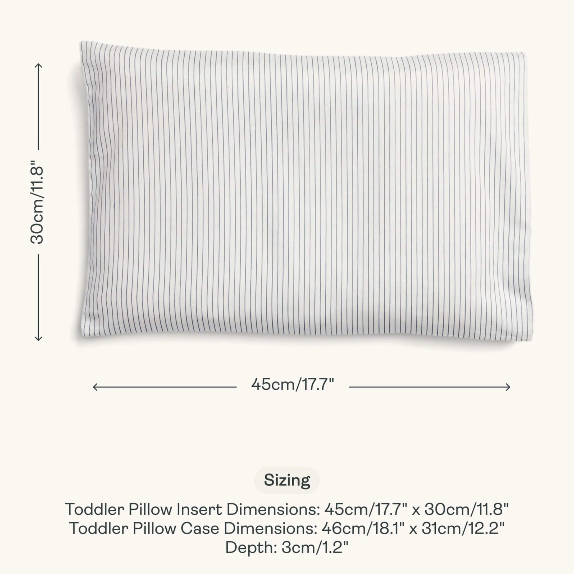 Sizing guide image of a toddler pillow in Midnight Stripe design with dimensions of 45cm x 30cm and case measurements shown alongside depth.