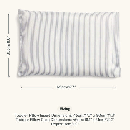 Sizing guide image of a toddler pillow in Midnight Stripe design with dimensions of 45cm x 30cm and case measurements shown alongside depth.