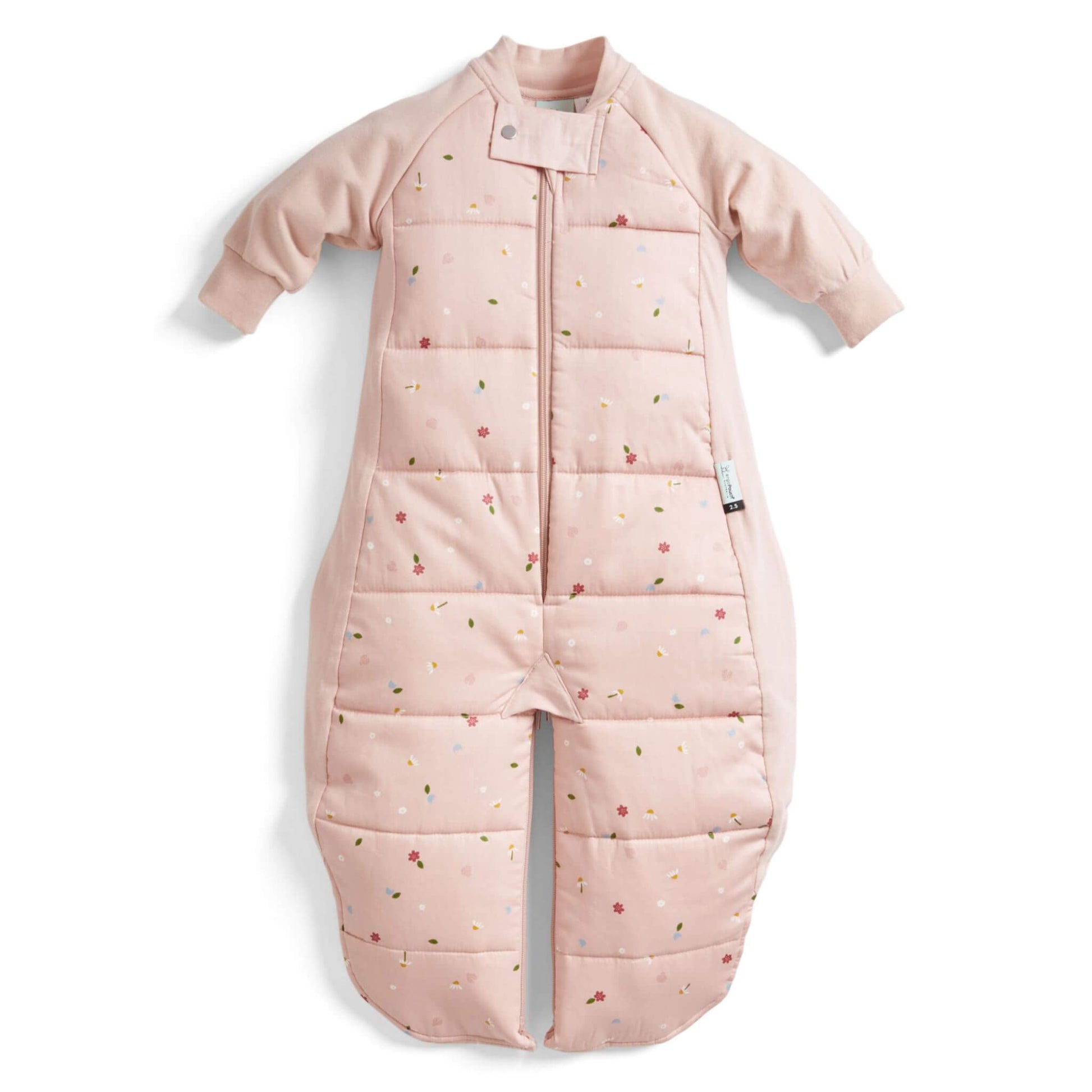 The ergoPouch Sleep Suit Bag 2.5 TOG in Daisies print, shown in sleep suit mode with long sleeves and separate legs.
