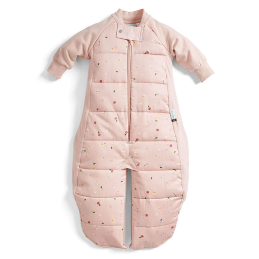 The ergoPouch Sleep Suit Bag 2.5 TOG in Daisies print, shown in sleep suit mode with long sleeves and separate legs.