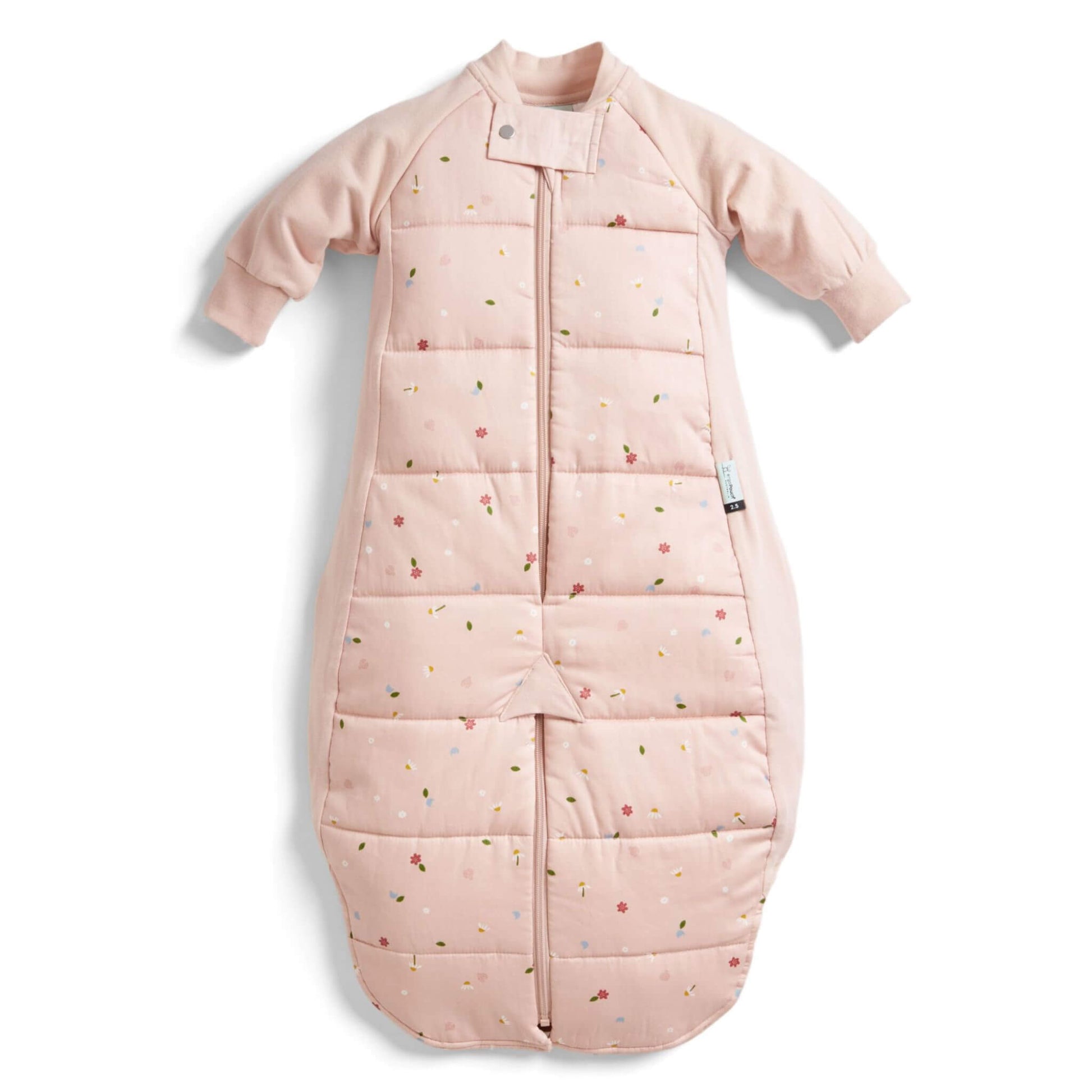 Pink long sleeved sleep suit bag with daisies print, displayed zipped in sleeping bag mode with enclosed legs.