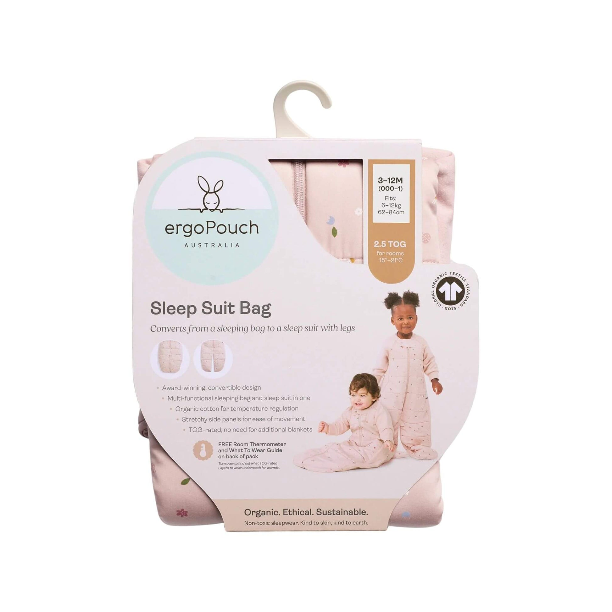 Retail packaging of the ergoPouch Sleep Suit Bag 2.5 TOG in Daisies design, showing product details and branding on the front label.