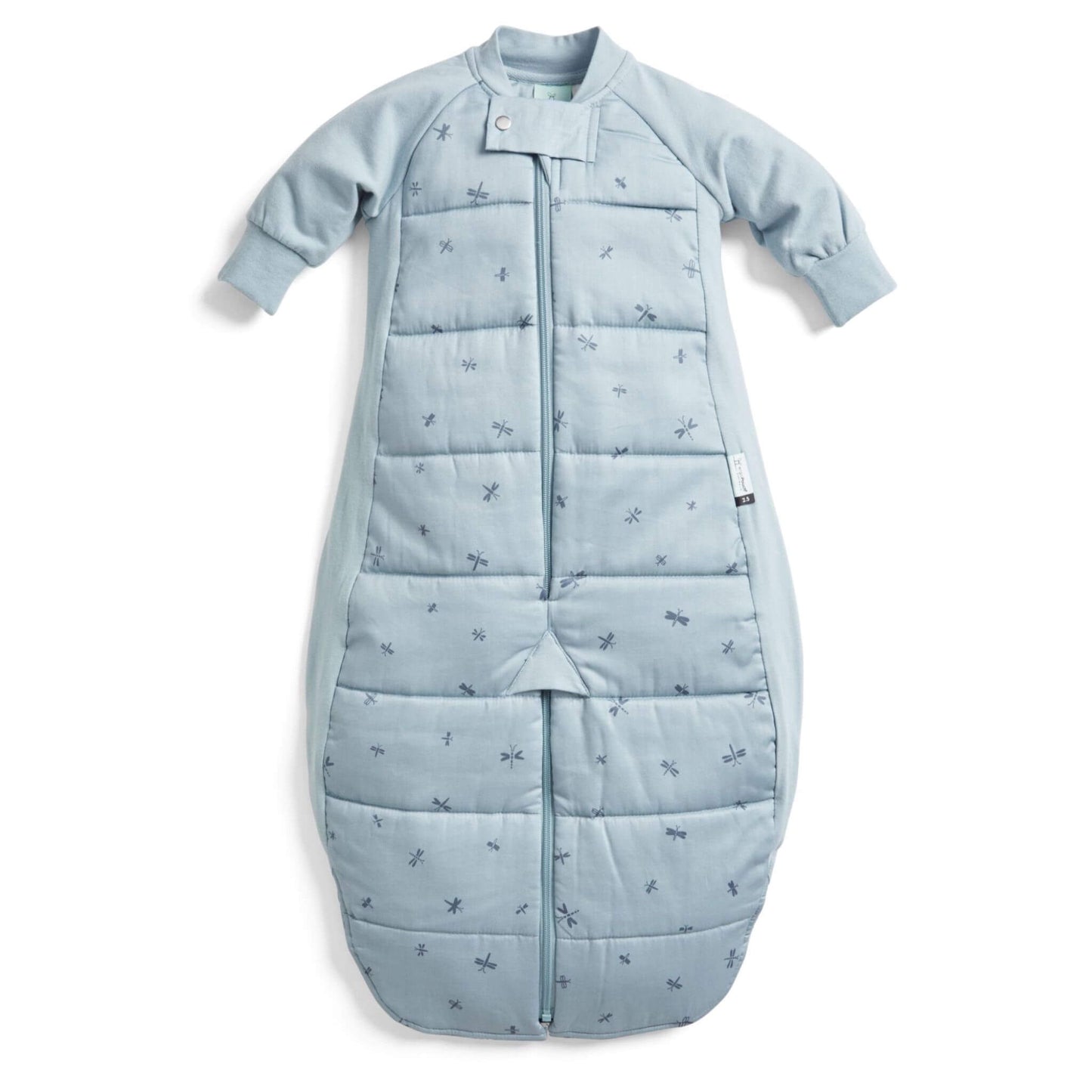 Blue long sleeved sleep suit bag with dragonfly print, displayed zipped in sleeping bag mode with enclosed legs.