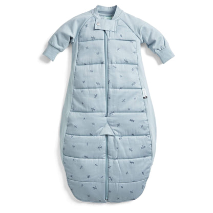 Blue long sleeved sleep suit bag with dragonfly print, displayed zipped in sleeping bag mode with enclosed legs.