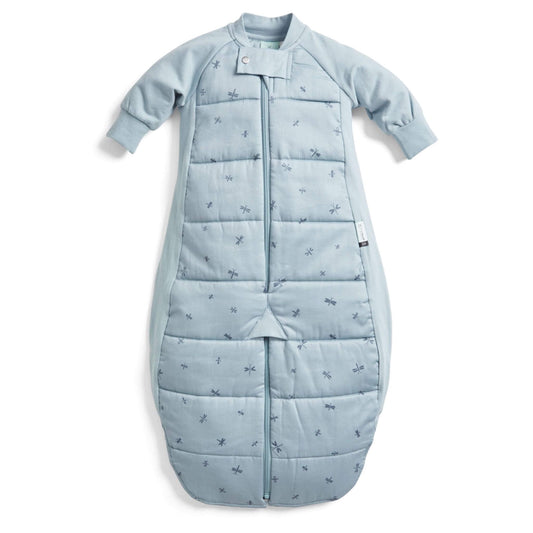 Blue long sleeved sleep suit bag with dragonfly print, displayed zipped in sleeping bag mode with enclosed legs.