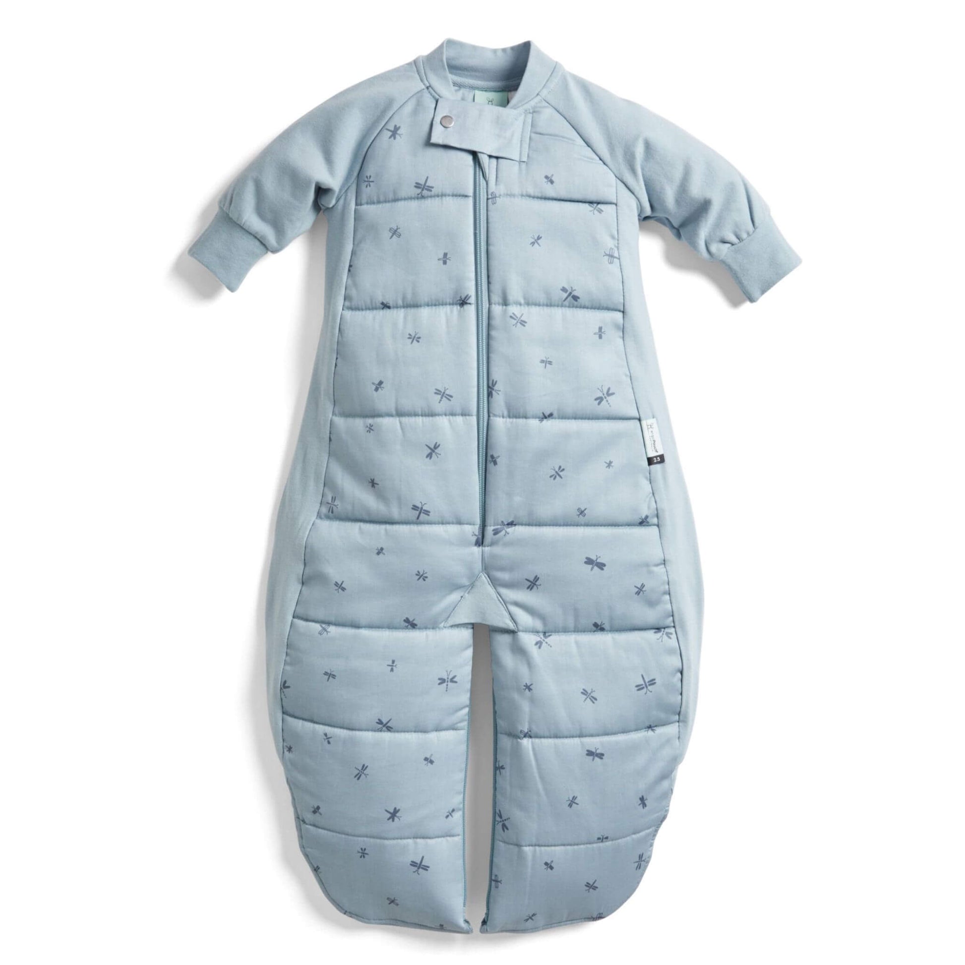 The ergoPouch Sleep Suit Bag 2.5 TOG in Dragonflies print, shown in sleep suit mode with long sleeves and separated legs.